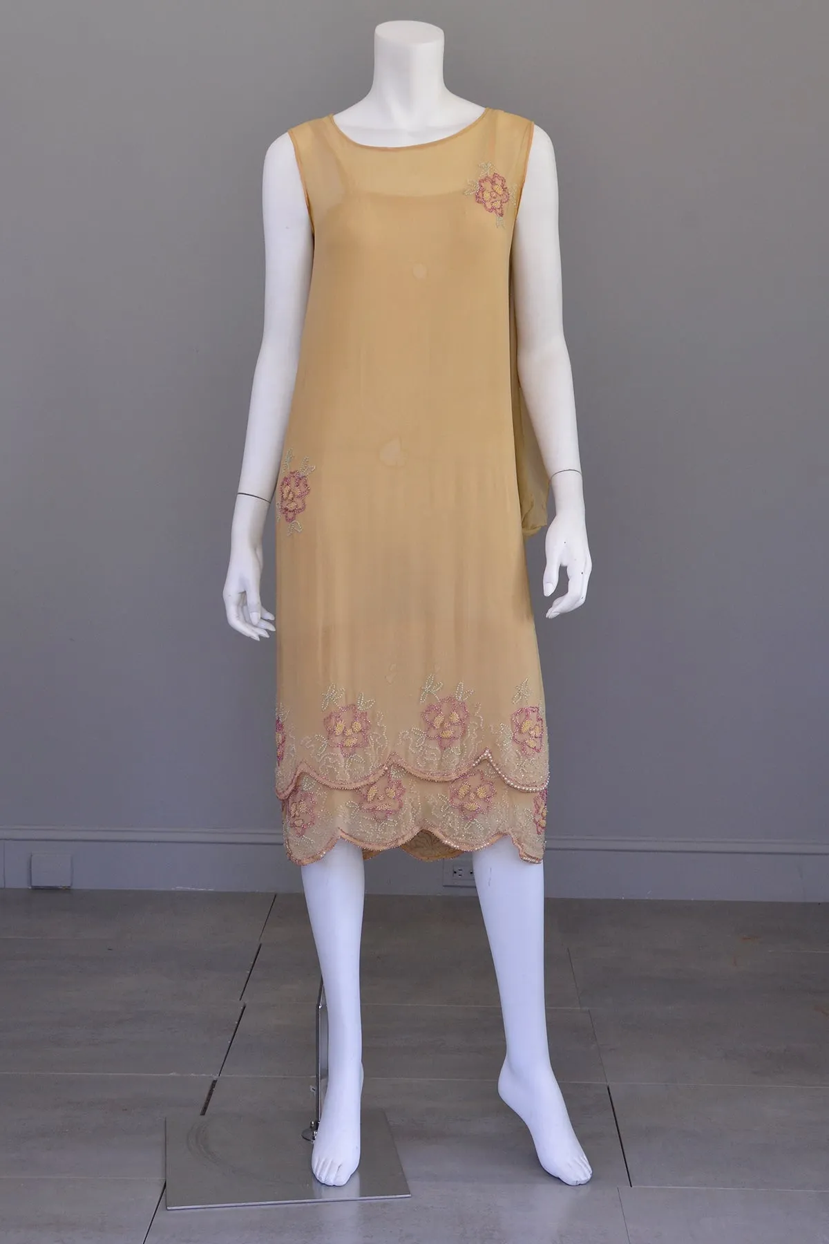 1920s Beaded Flapper Dress | Camel Color with Pink and Green Beading | Restoration or Study