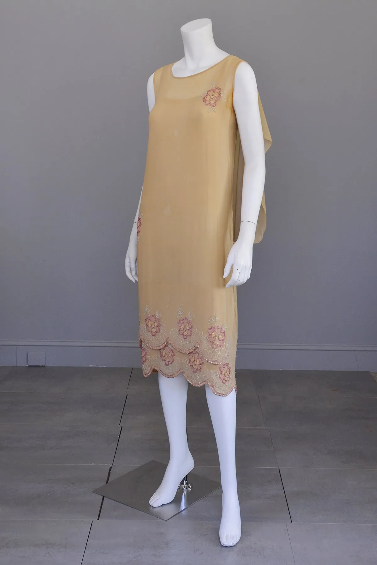 1920s Beaded Flapper Dress | Camel Color with Pink and Green Beading | Restoration or Study