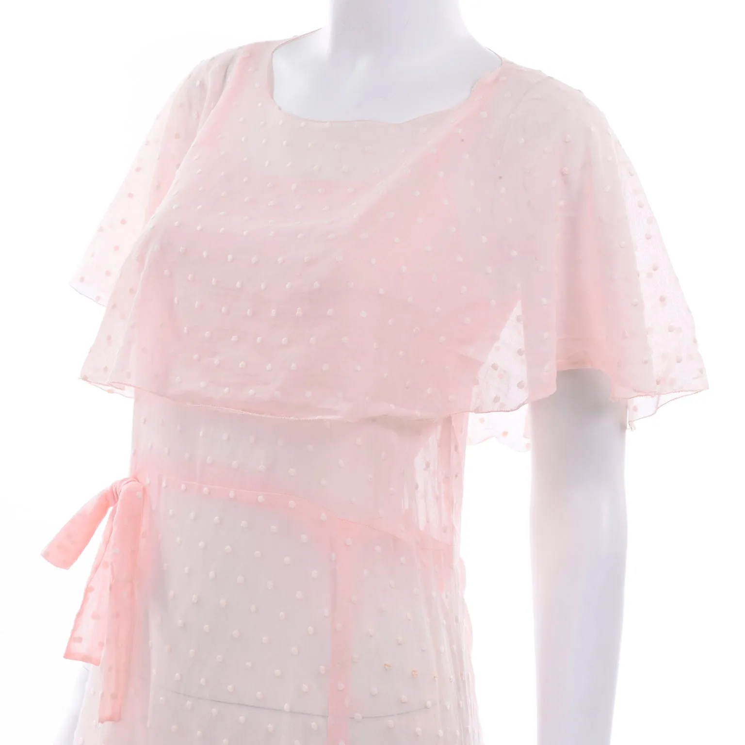 1930s Sheer Pink White Polka Dot Dress With Butterfly Capelet