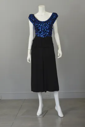 1940's Black Crepe Dress Blue Swirling Sequins & Peplum, Cocktail Dress