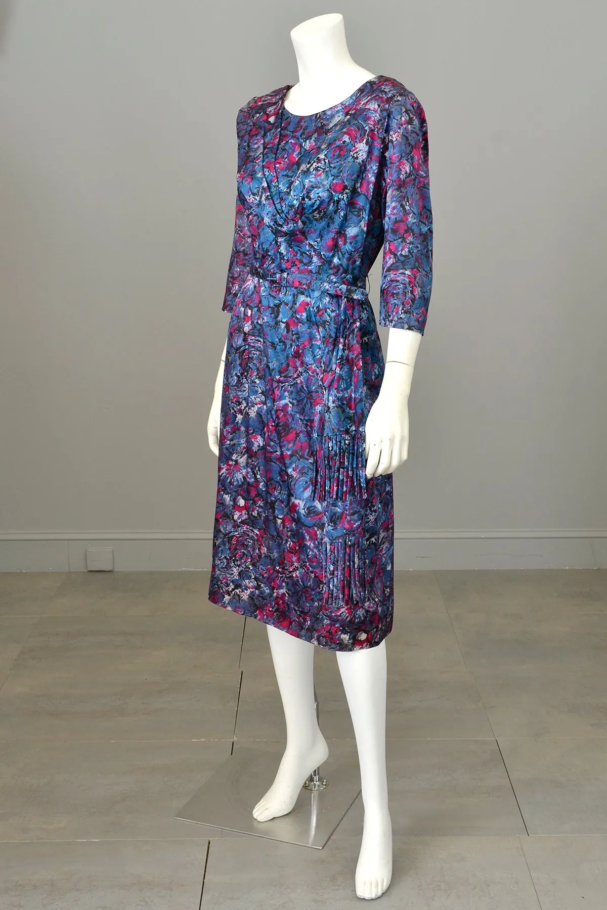 1940s Satin Impressionist Floral Dress with Fringe Sash