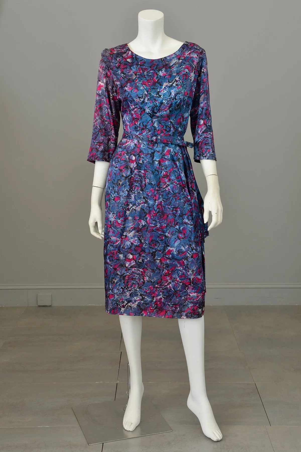 1940s Satin Impressionist Floral Dress with Fringe Sash