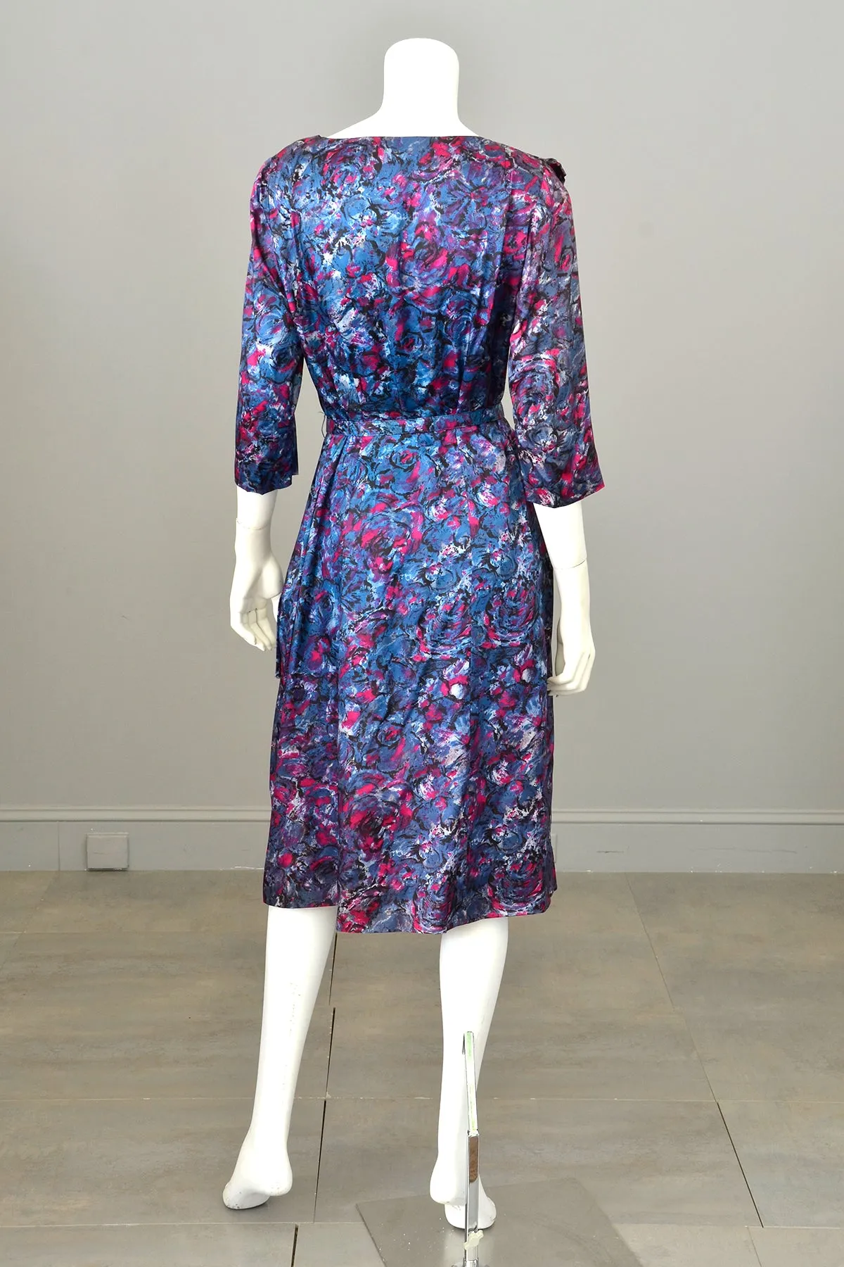 1940s Satin Impressionist Floral Dress with Fringe Sash