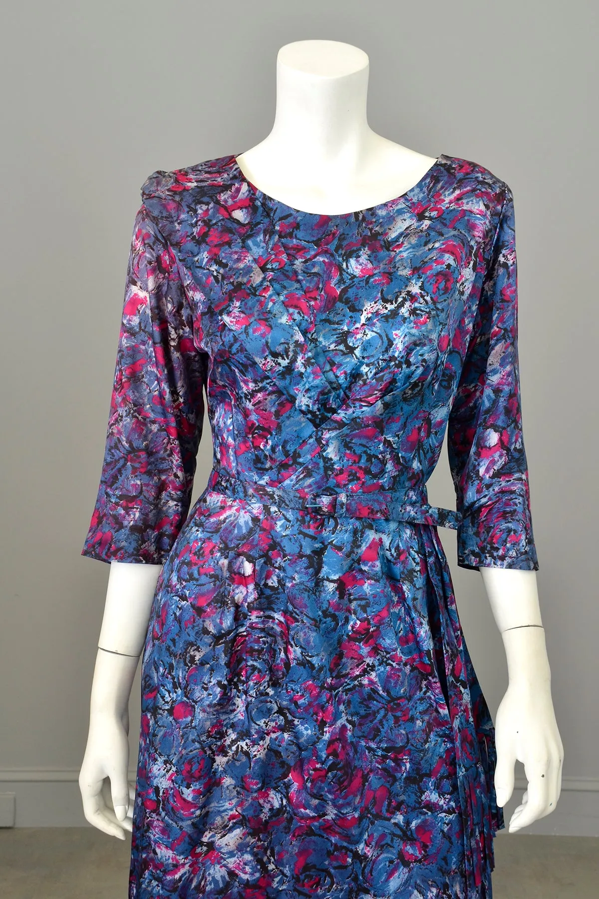 1940s Satin Impressionist Floral Dress with Fringe Sash