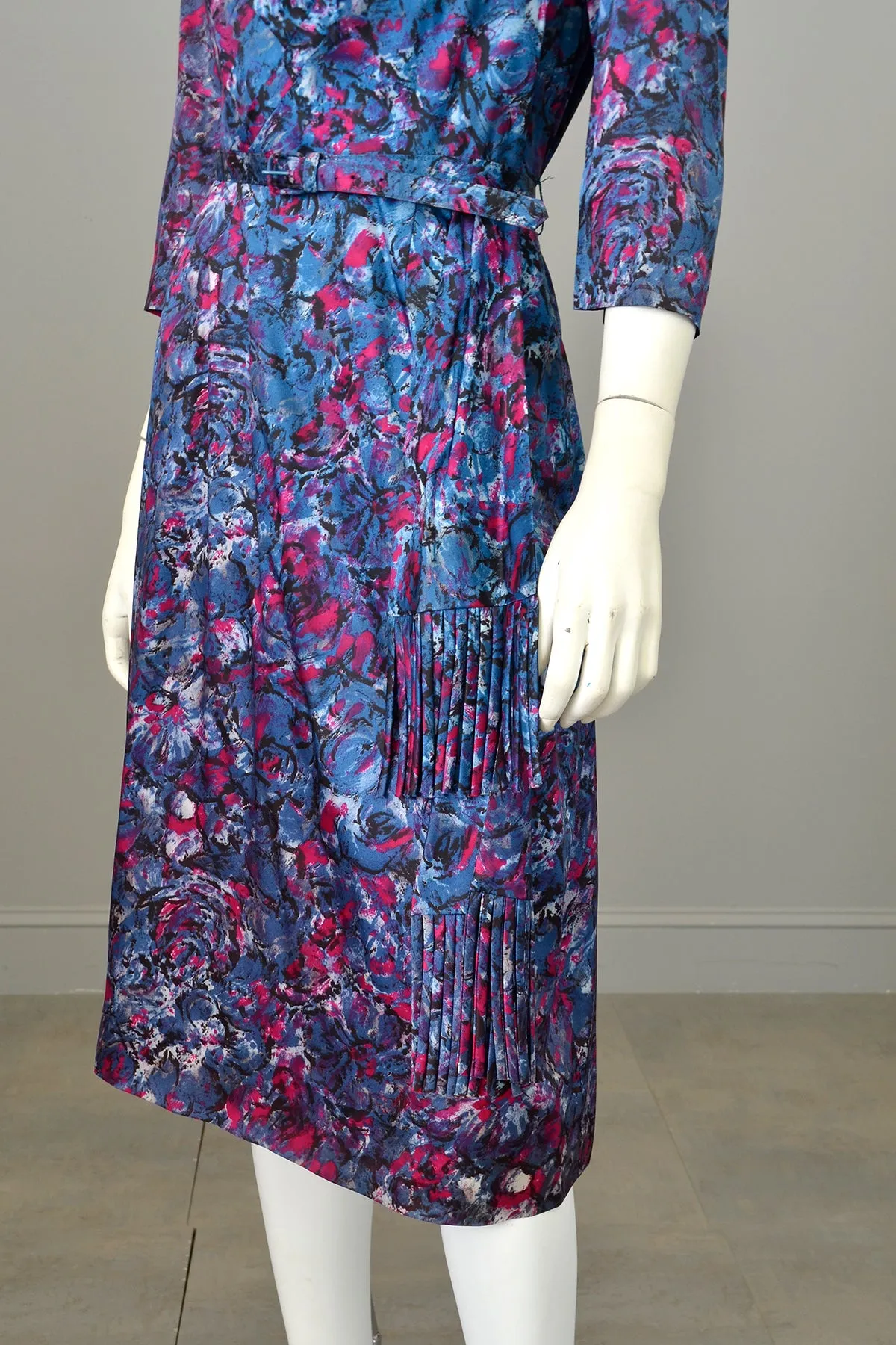 1940s Satin Impressionist Floral Dress with Fringe Sash