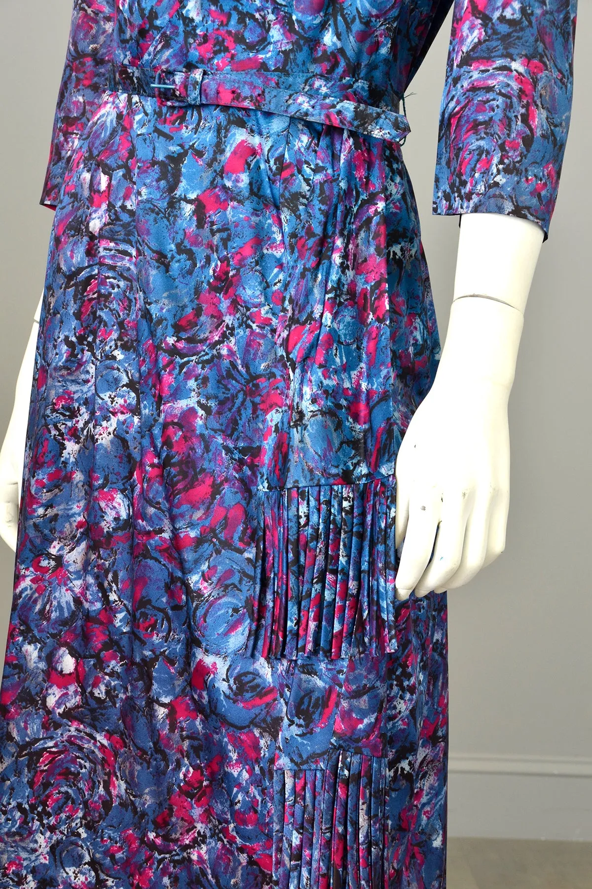 1940s Satin Impressionist Floral Dress with Fringe Sash