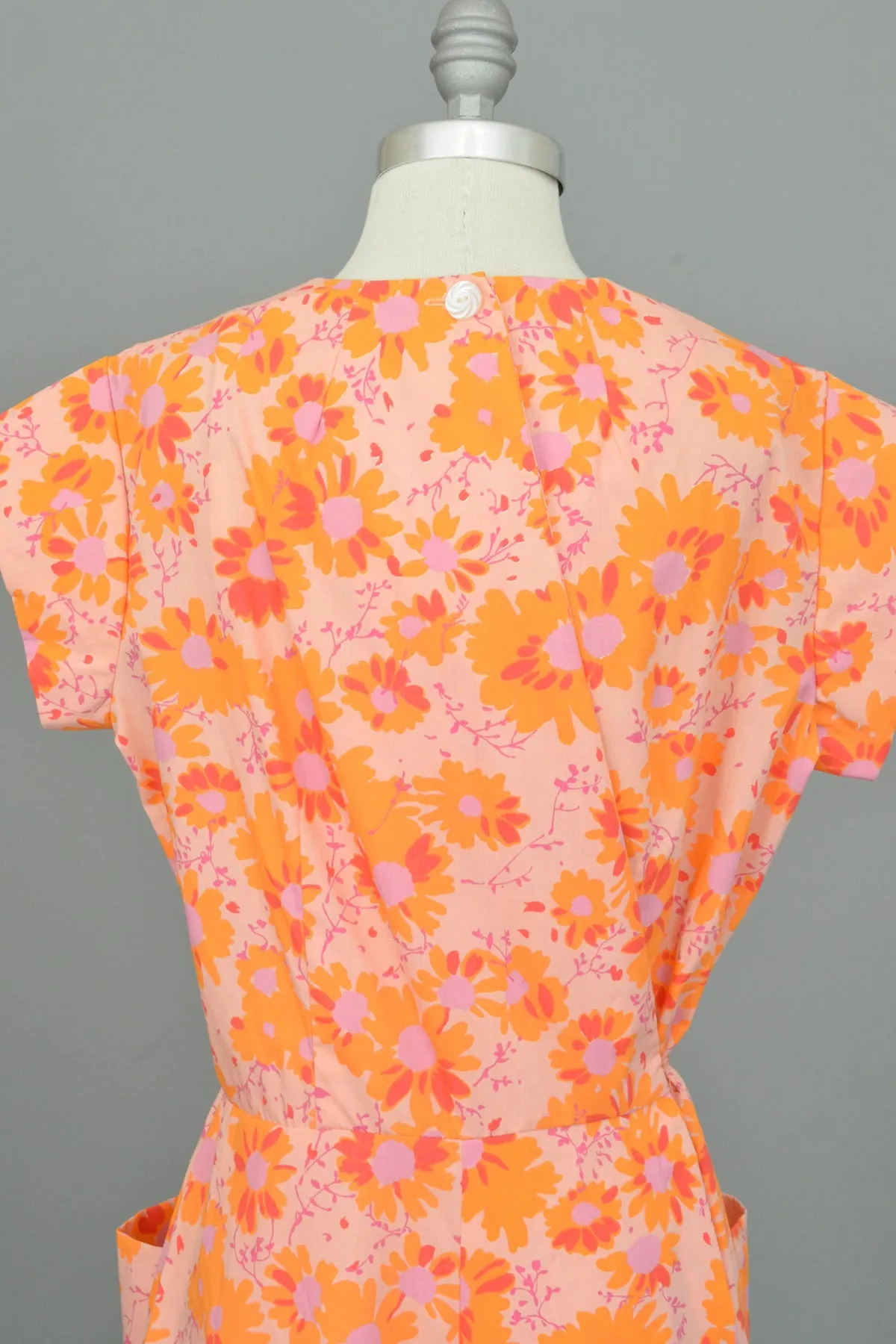 1950s 60s Pink Orange Floral Print Pockets Wrap House Dress