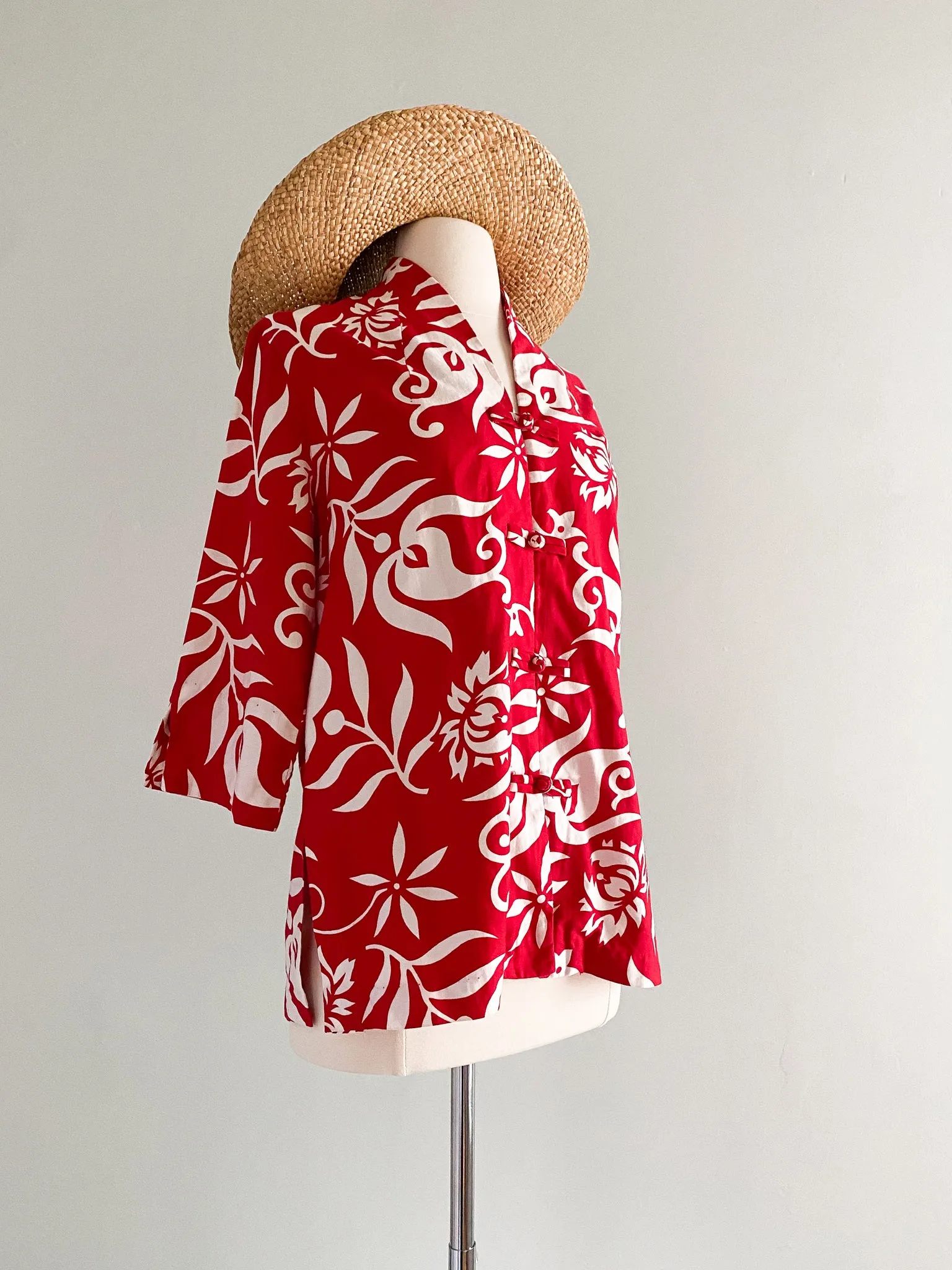 1950's Red Liberty House Hawaiian Print Cotton Shirt Swim Cover Up / Sz L