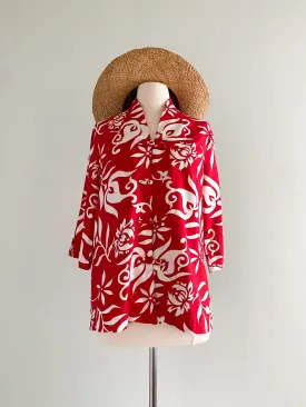 1950's Red Liberty House Hawaiian Print Cotton Shirt Swim Cover Up / Sz L