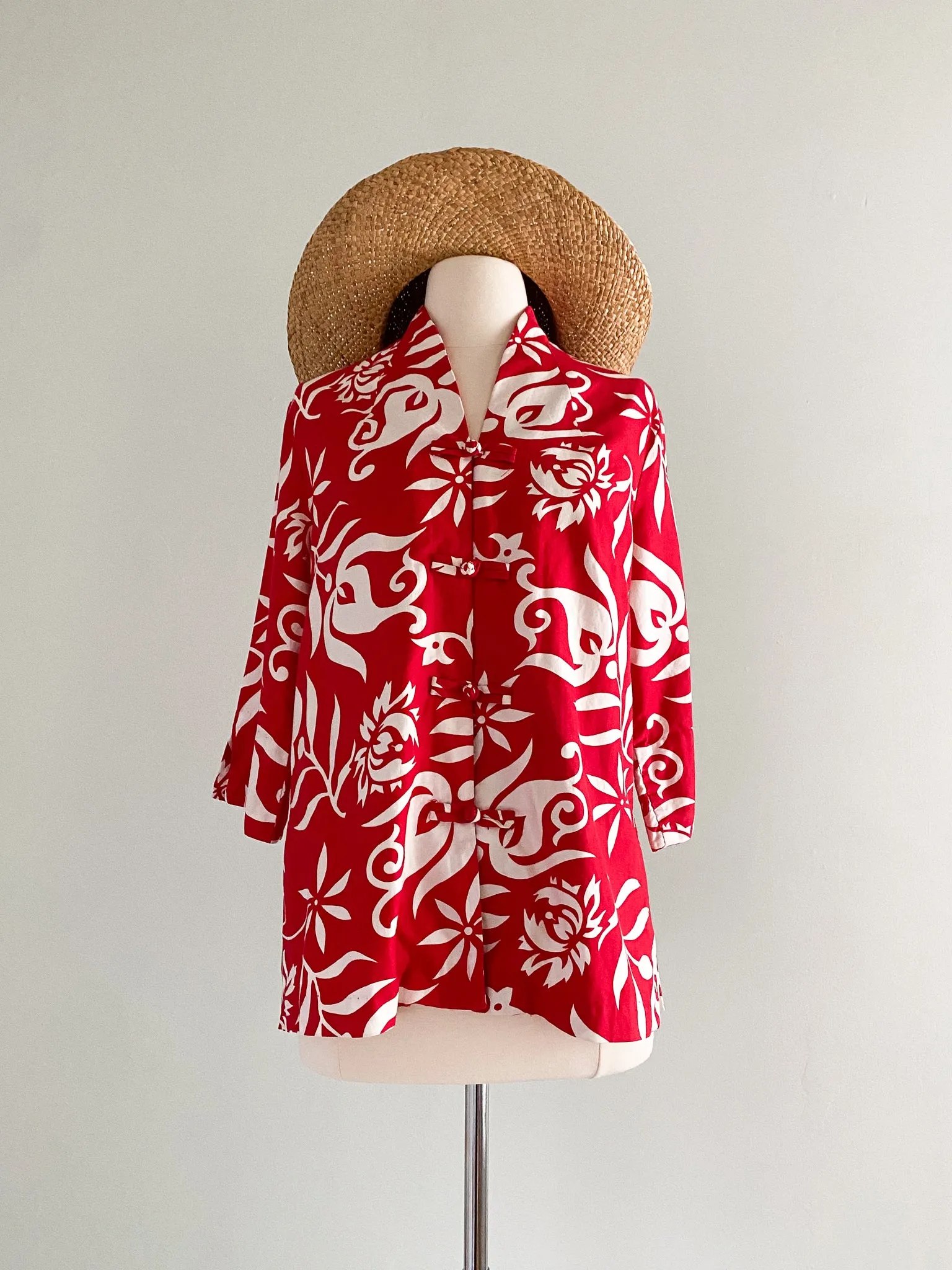 1950's Red Liberty House Hawaiian Print Cotton Shirt Swim Cover Up / Sz L