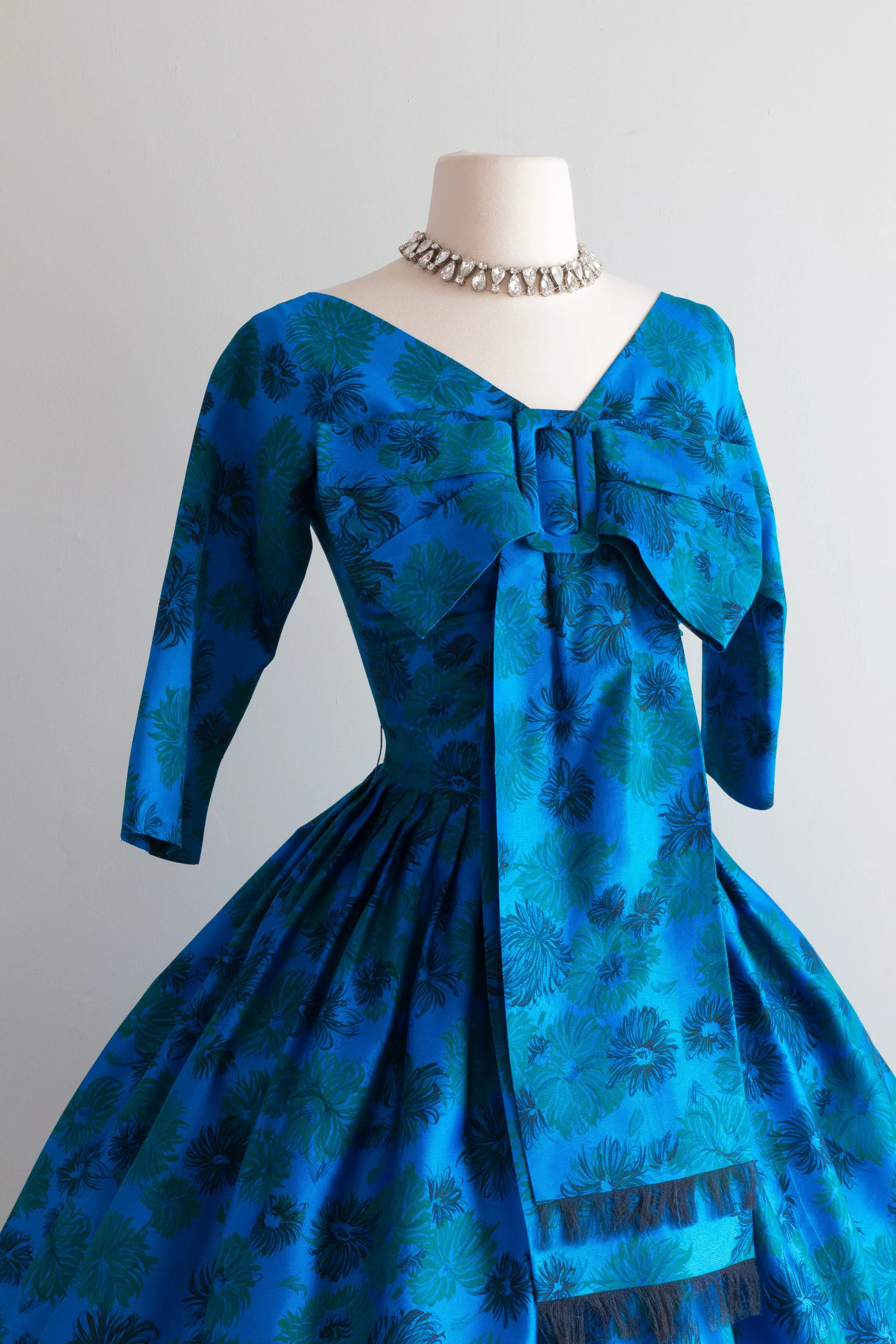 1950's Silk Peacock Colored Abstract Floral Party Dress With Bow / Small