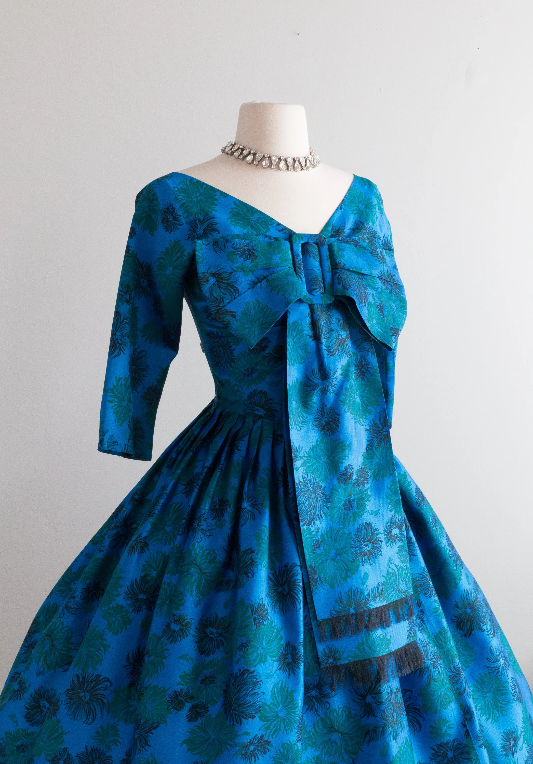 1950's Silk Peacock Colored Abstract Floral Party Dress With Bow / Small