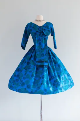 1950's Silk Peacock Colored Abstract Floral Party Dress With Bow / Small