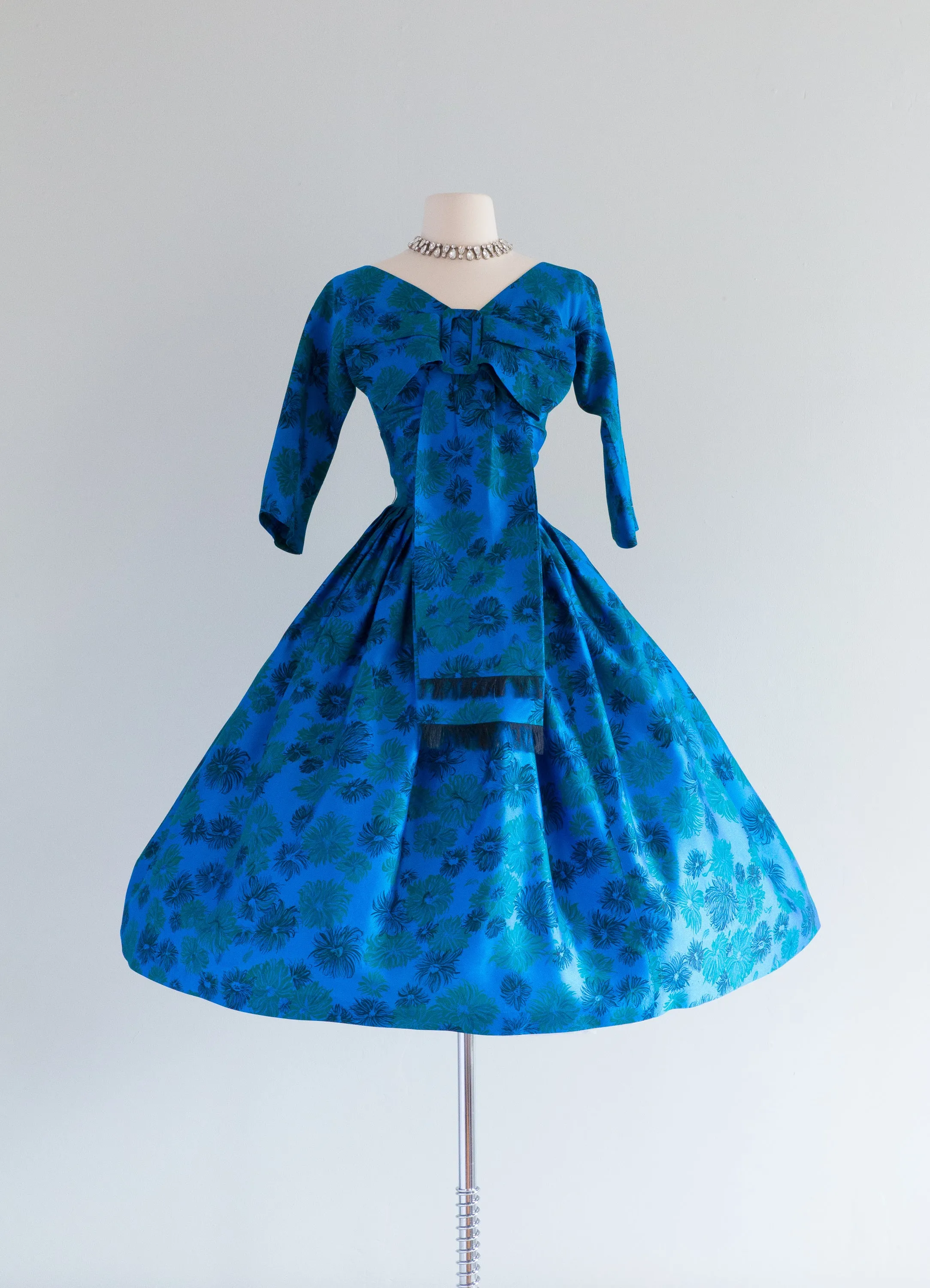 1950's Silk Peacock Colored Abstract Floral Party Dress With Bow / Small