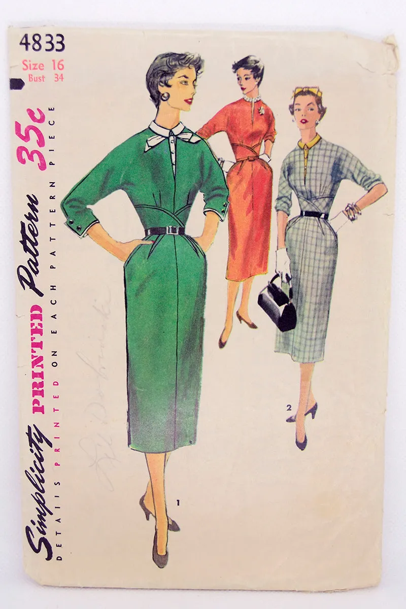 1954 Simplicity 4833 Vintage Sewing Pattern for Dress W Removable Dickey