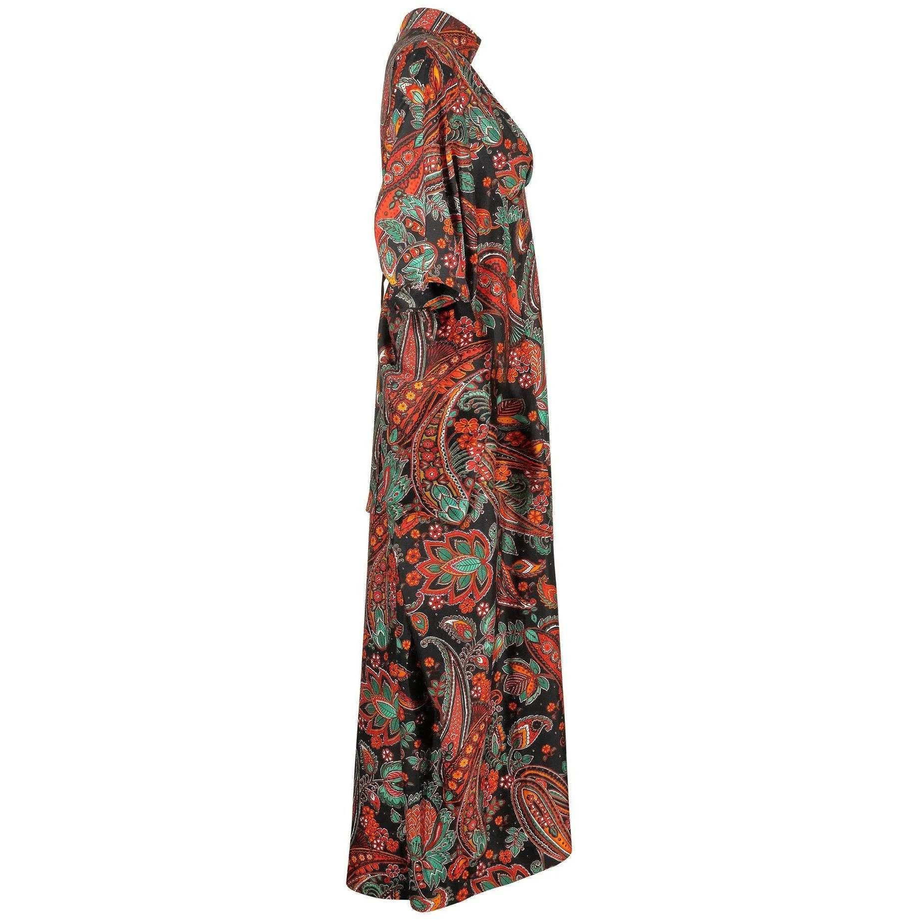 1970s Black Green and Orange Paisley Print Kaftan