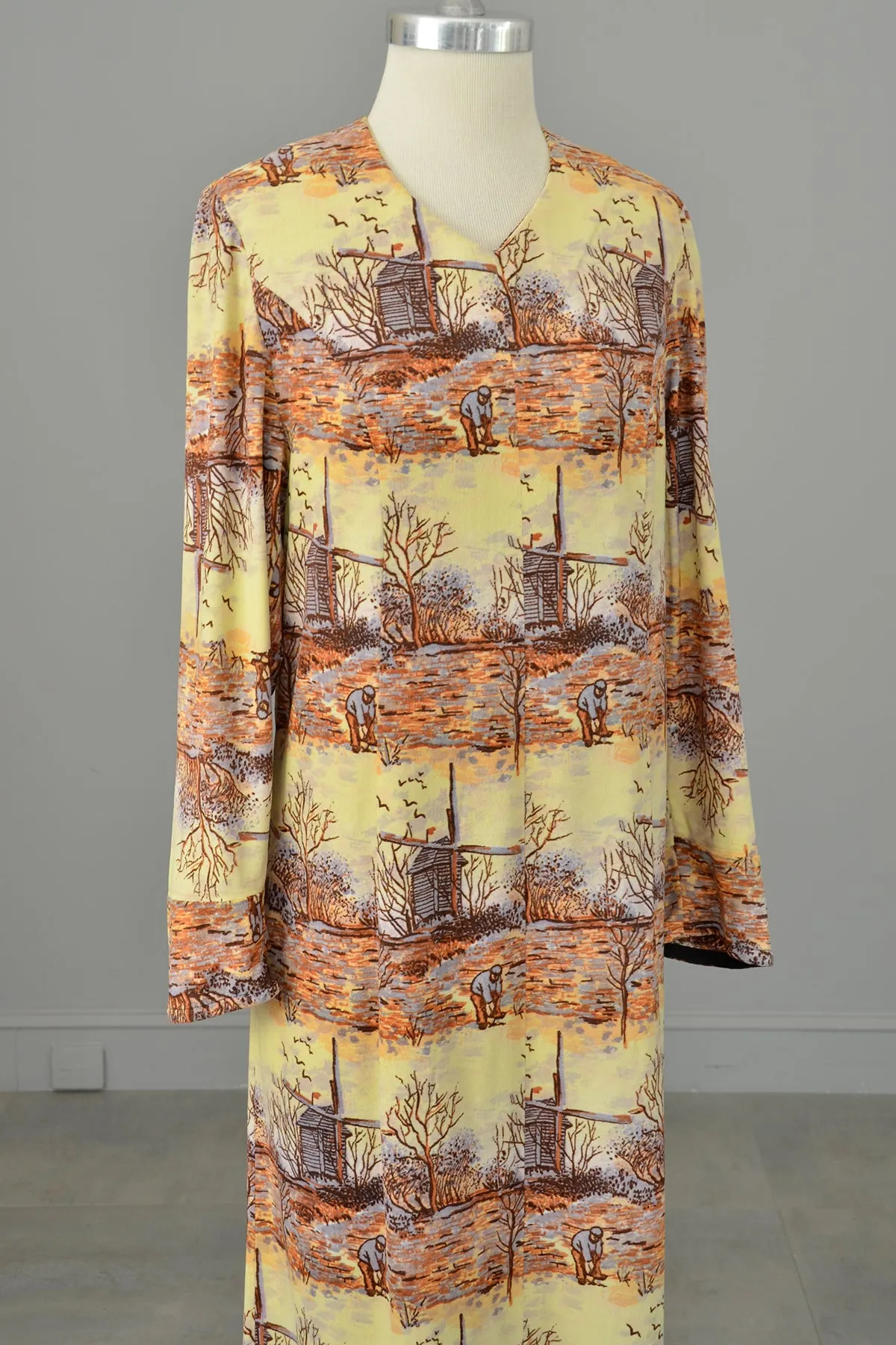 1970s Pastoral Windmills Novelty Print Velveteen Dress