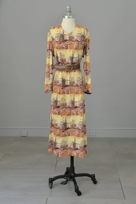 1970s Pastoral Windmills Novelty Print Velveteen Dress