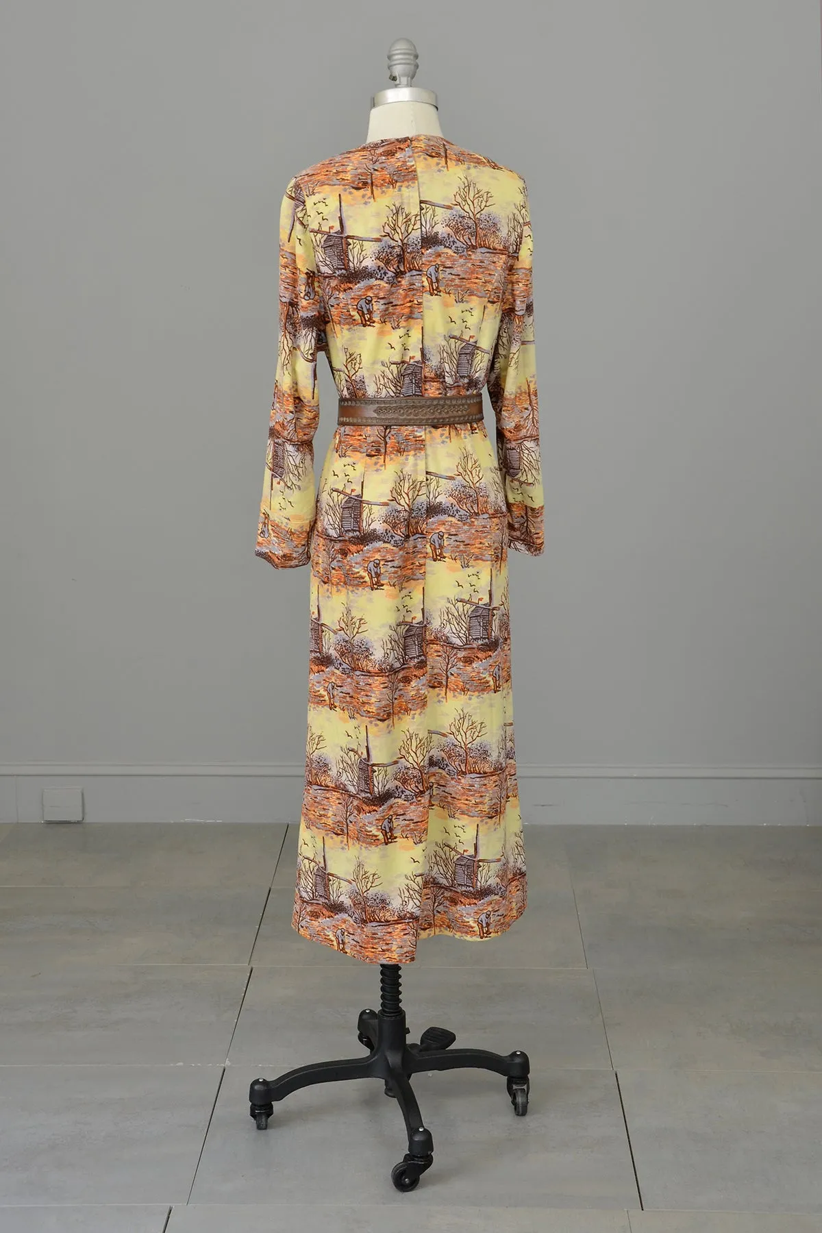 1970s Pastoral Windmills Novelty Print Velveteen Dress