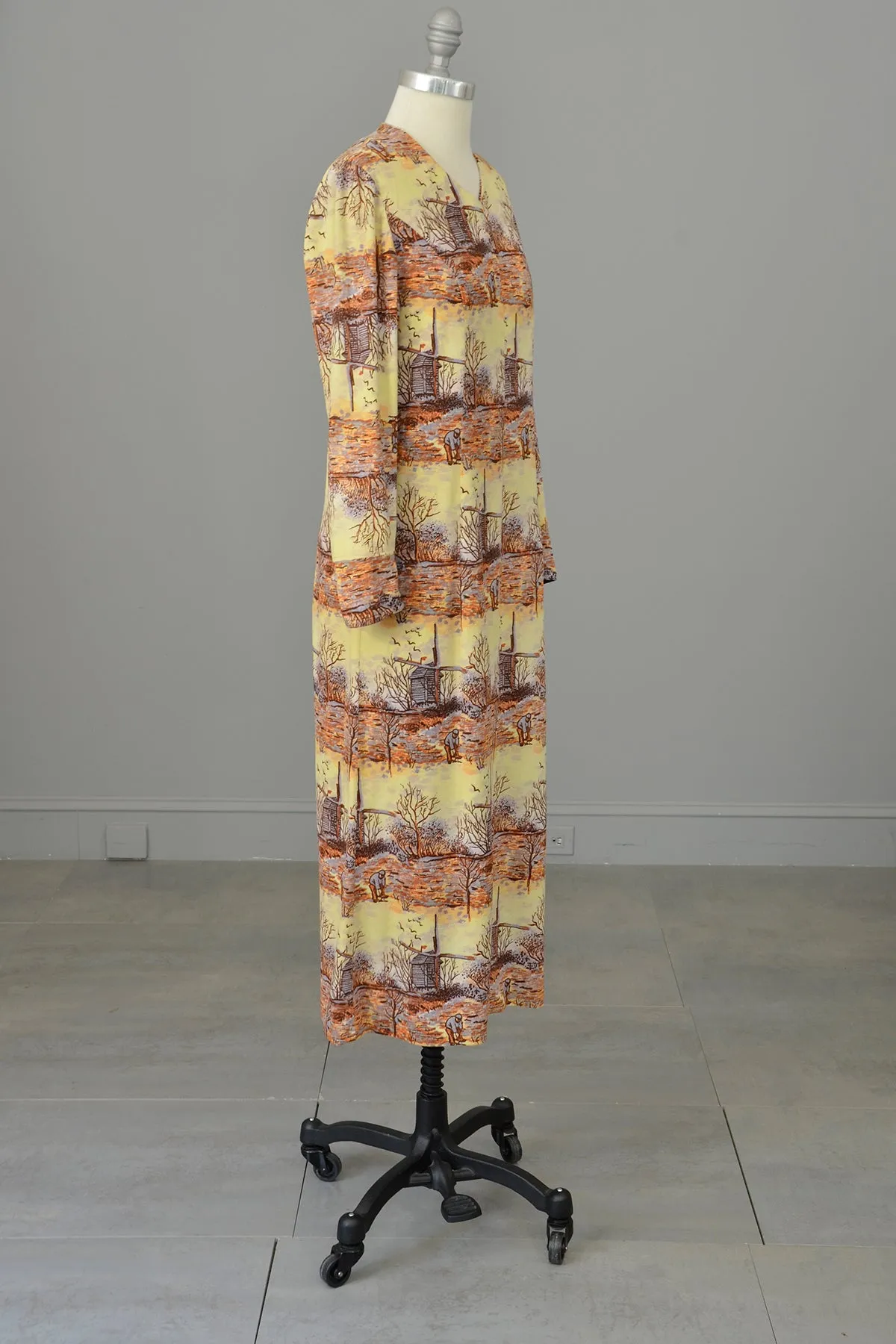 1970s Pastoral Windmills Novelty Print Velveteen Dress