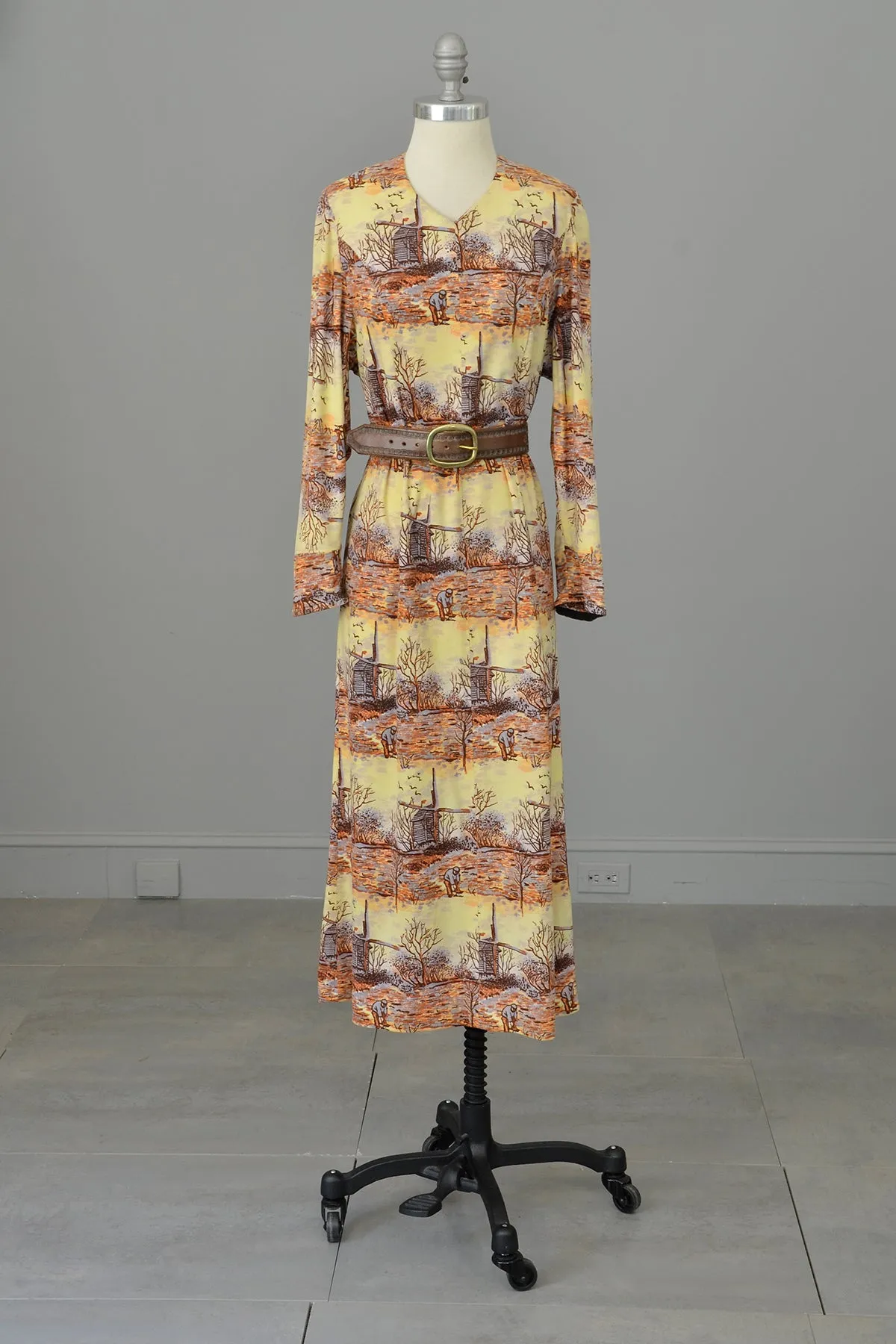 1970s Pastoral Windmills Novelty Print Velveteen Dress