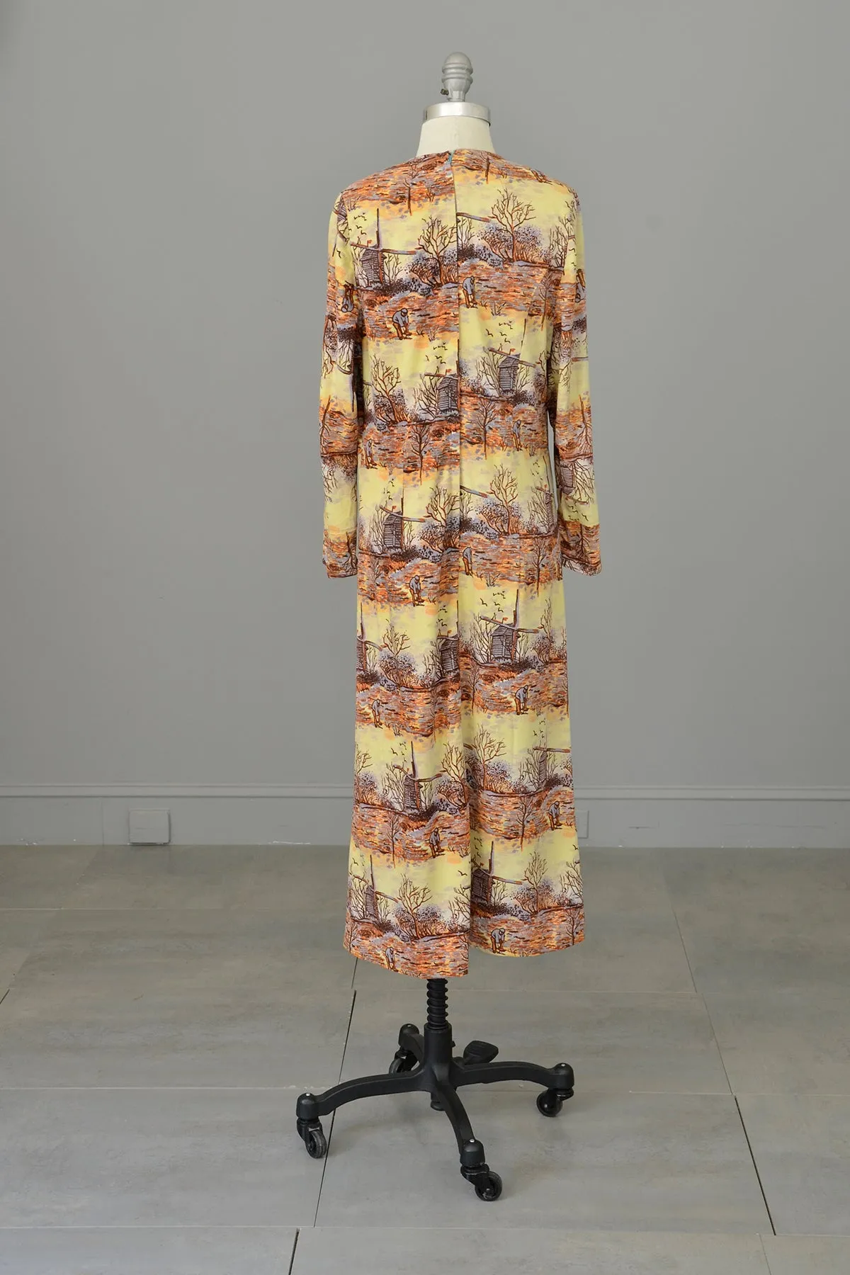 1970s Pastoral Windmills Novelty Print Velveteen Dress