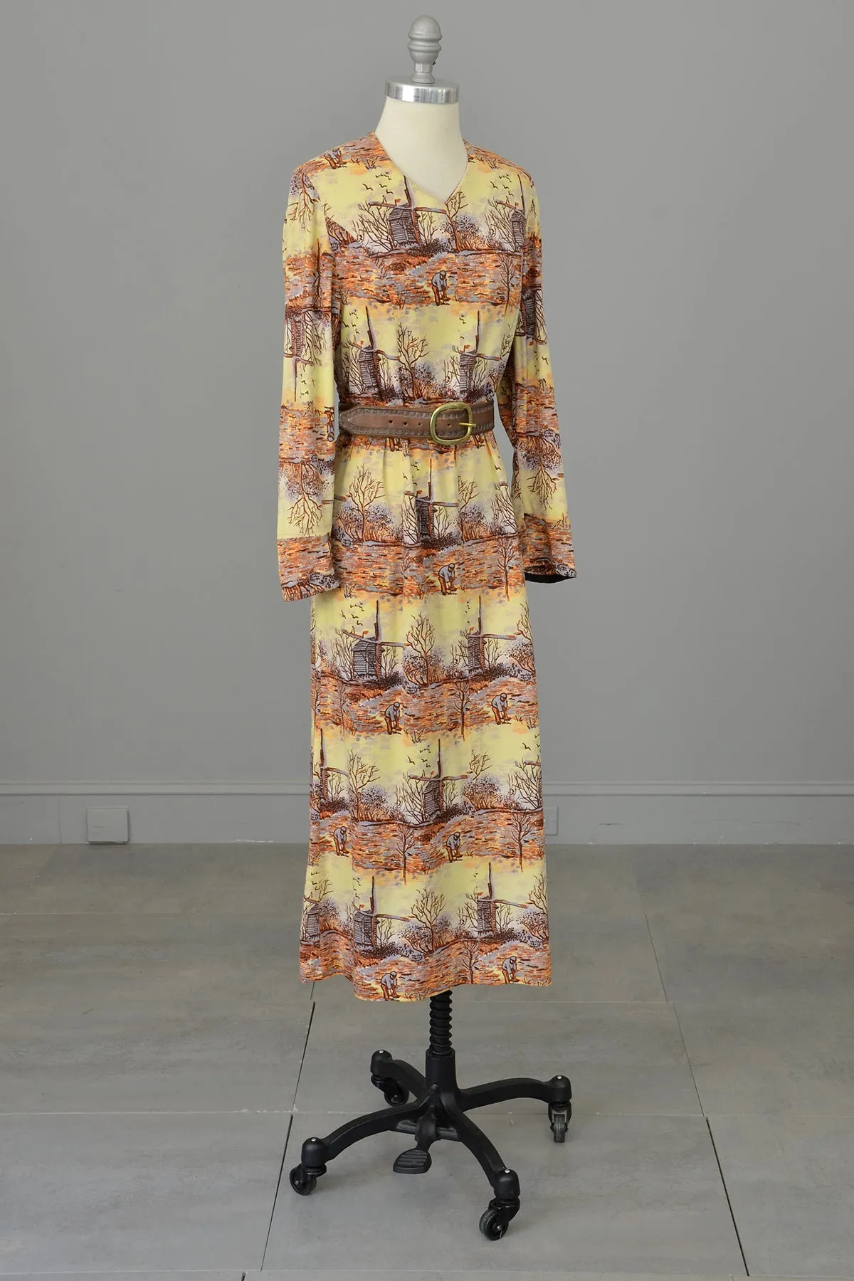 1970s Pastoral Windmills Novelty Print Velveteen Dress