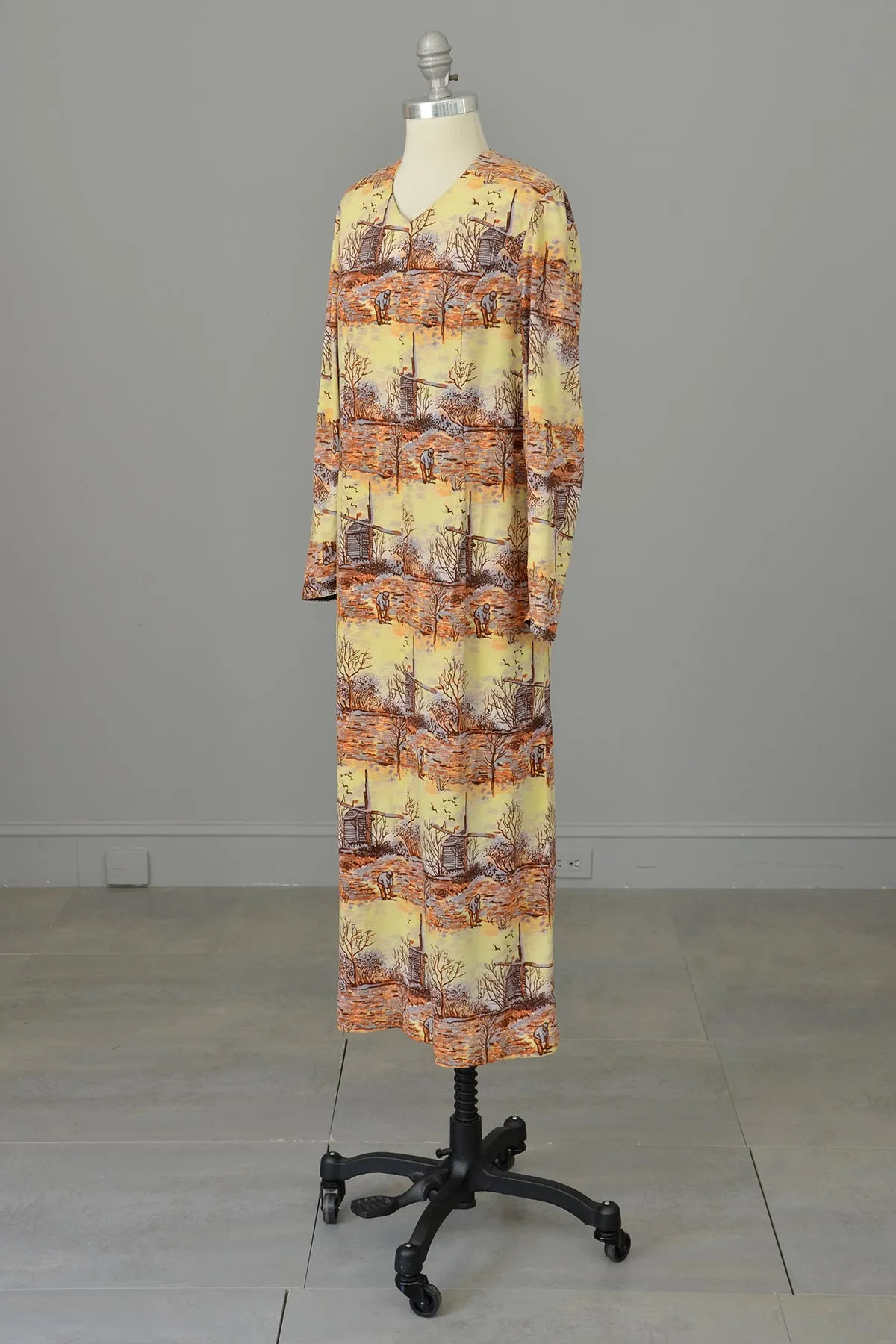 1970s Pastoral Windmills Novelty Print Velveteen Dress