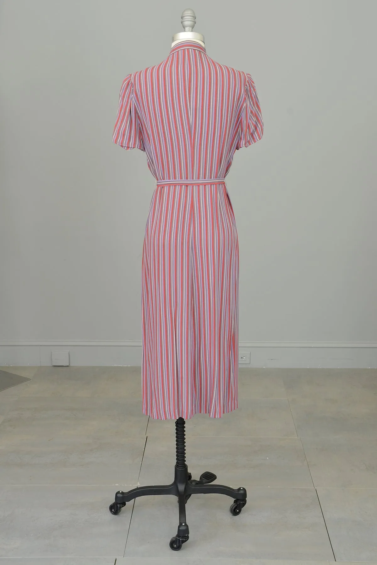 1970s Silky Striped Shift Dress with Ruffled Neckline by Belle France