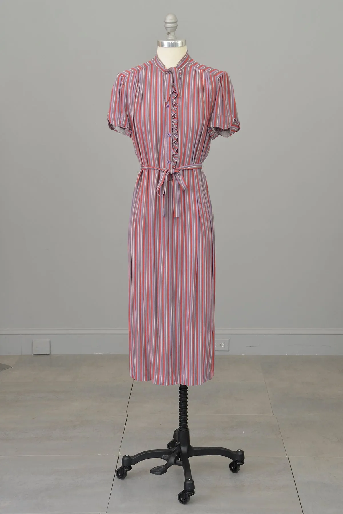 1970s Silky Striped Shift Dress with Ruffled Neckline by Belle France