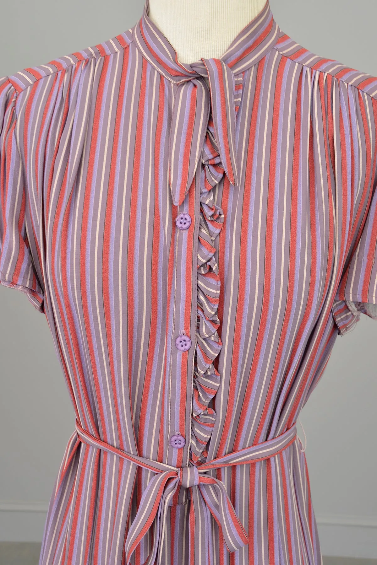 1970s Silky Striped Shift Dress with Ruffled Neckline by Belle France