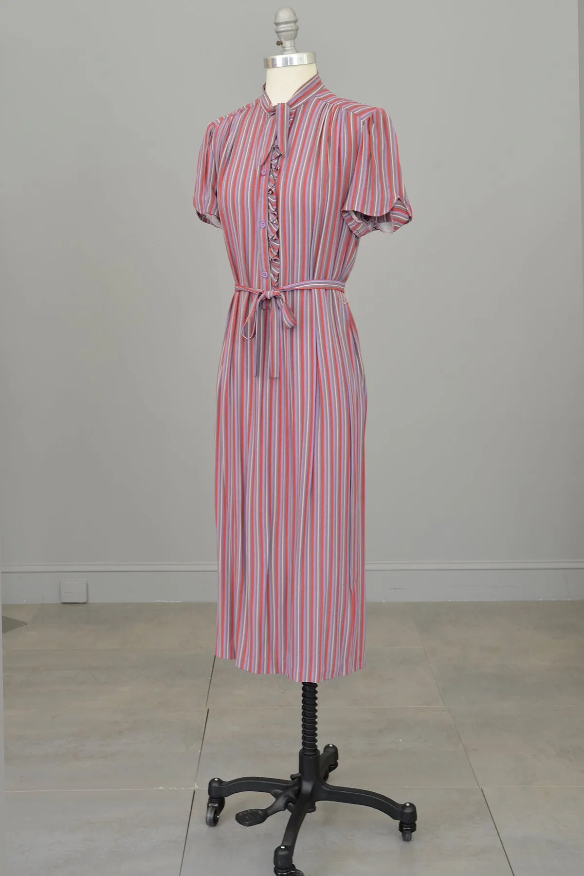 1970s Silky Striped Shift Dress with Ruffled Neckline by Belle France