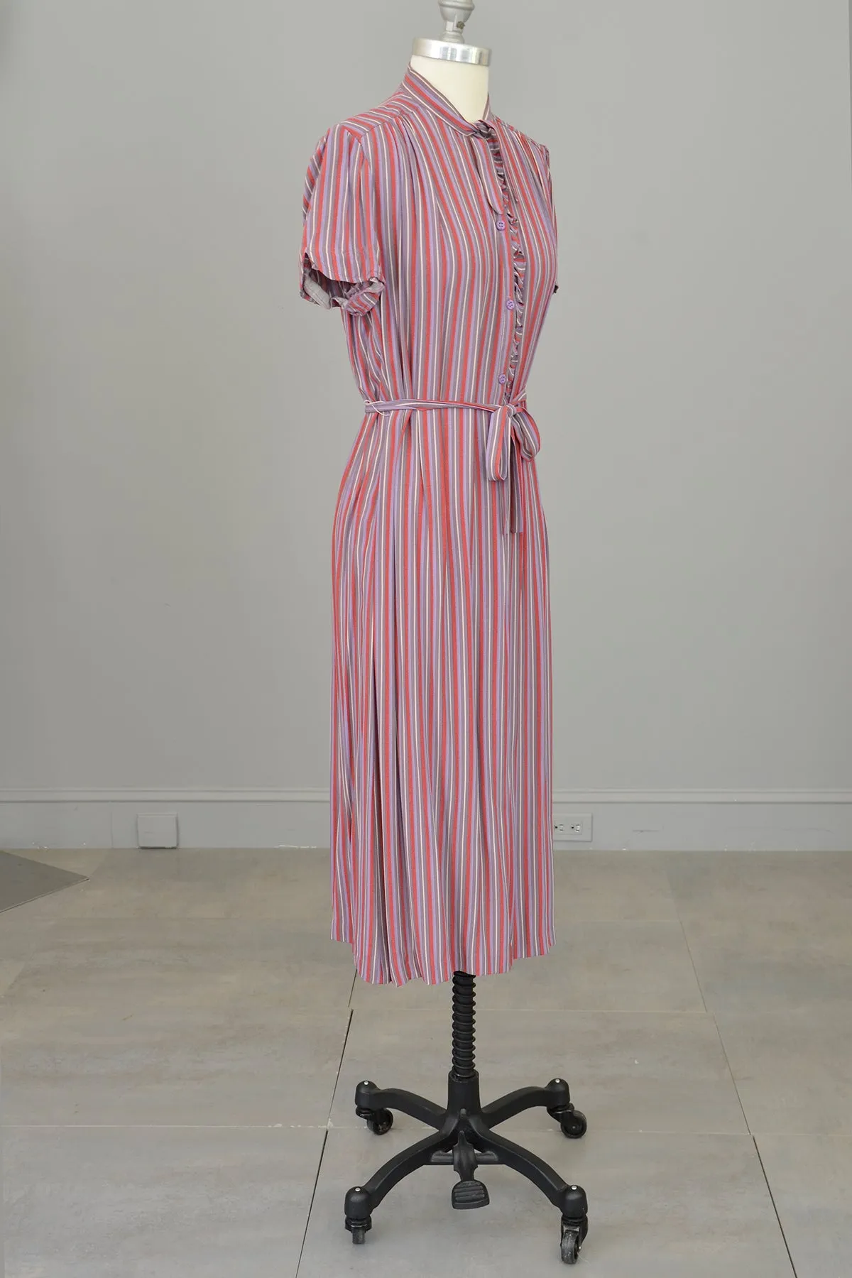 1970s Silky Striped Shift Dress with Ruffled Neckline by Belle France