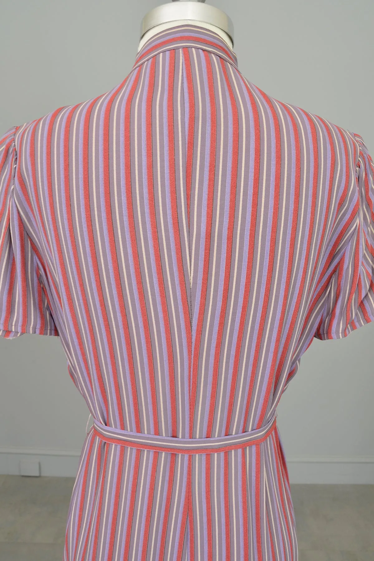 1970s Silky Striped Shift Dress with Ruffled Neckline by Belle France