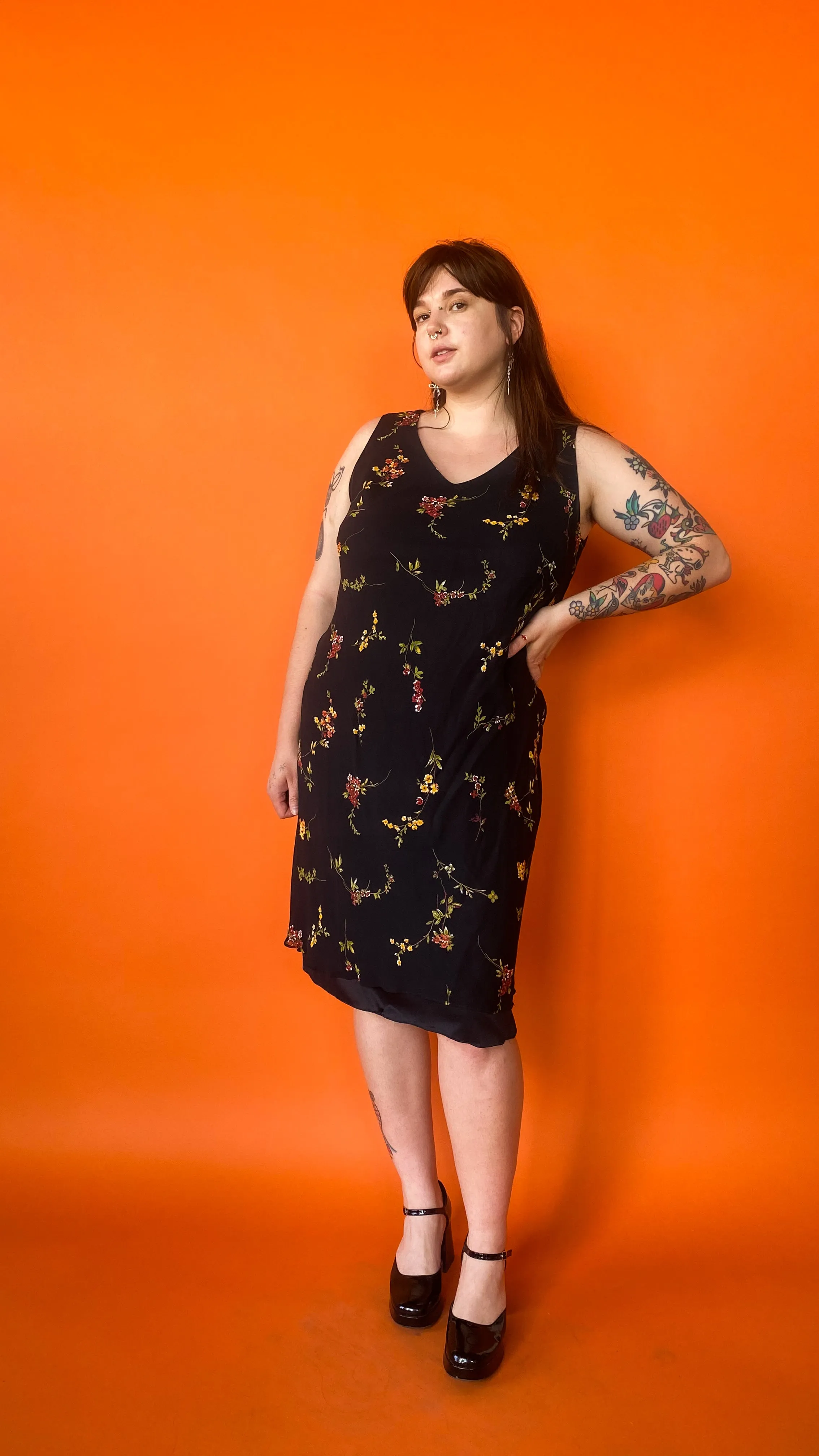 1990s Black Bias Cut Floral Dress, sz. L-1XL