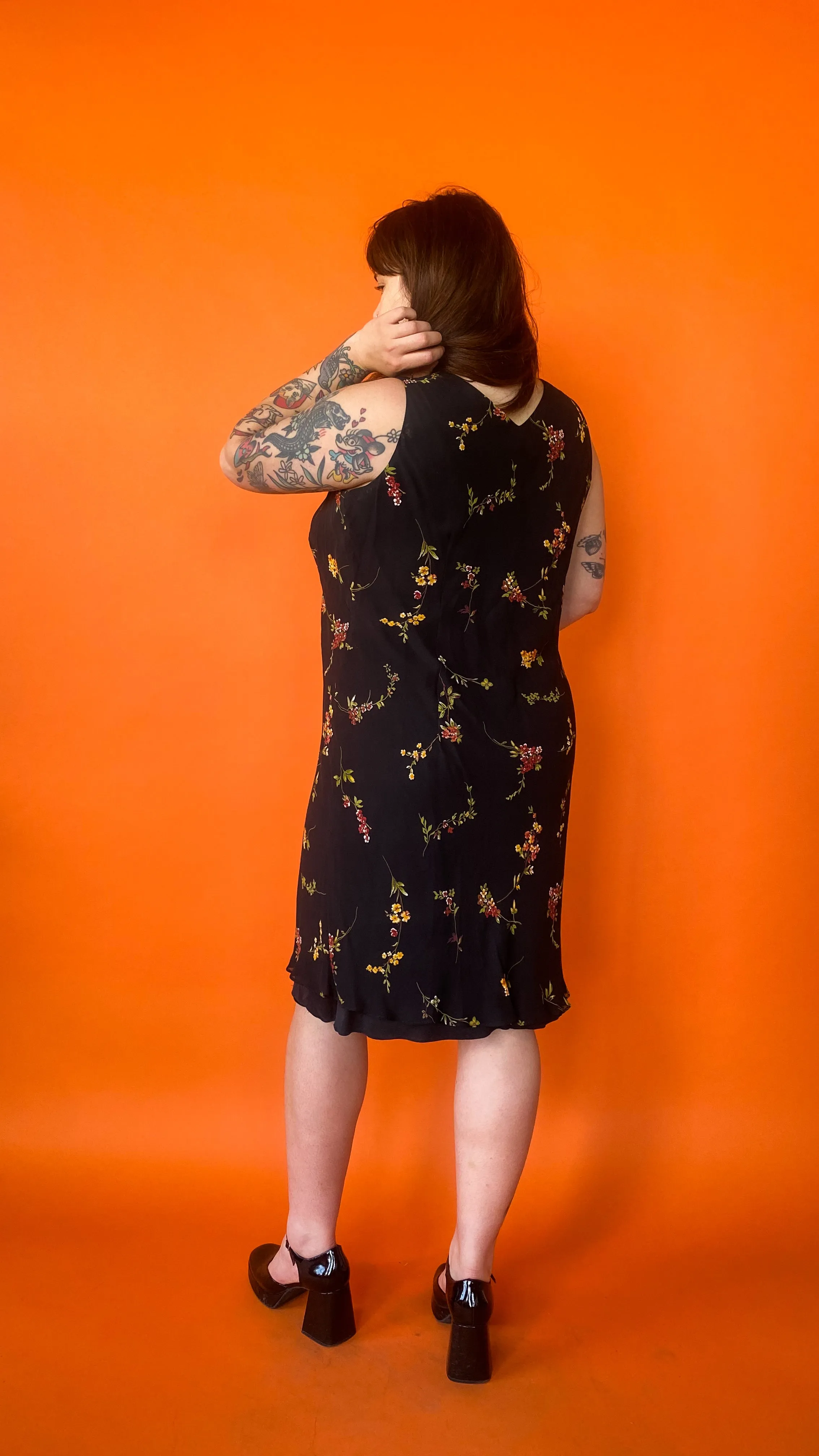 1990s Black Bias Cut Floral Dress, sz. L-1XL