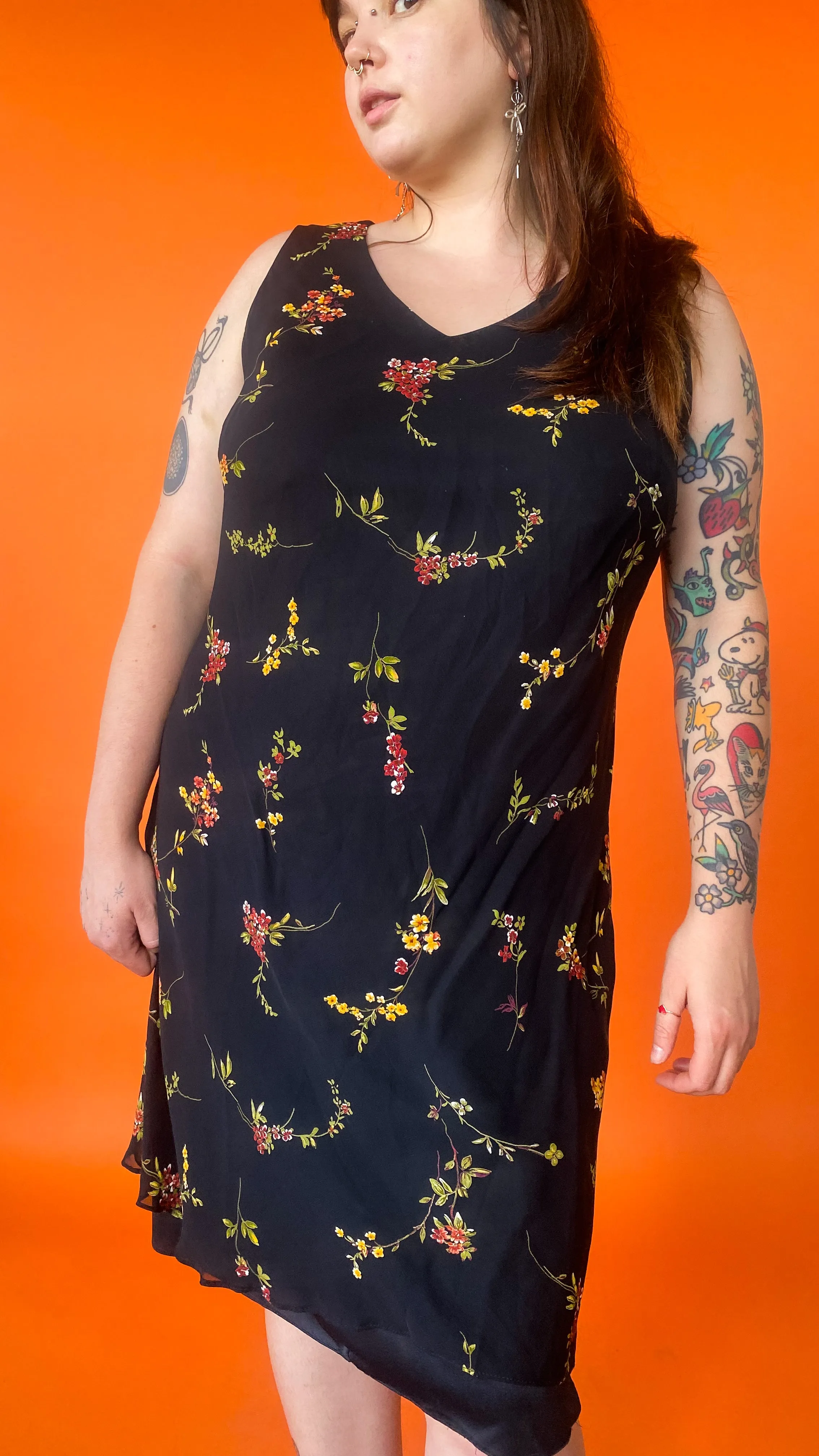 1990s Black Bias Cut Floral Dress, sz. L-1XL