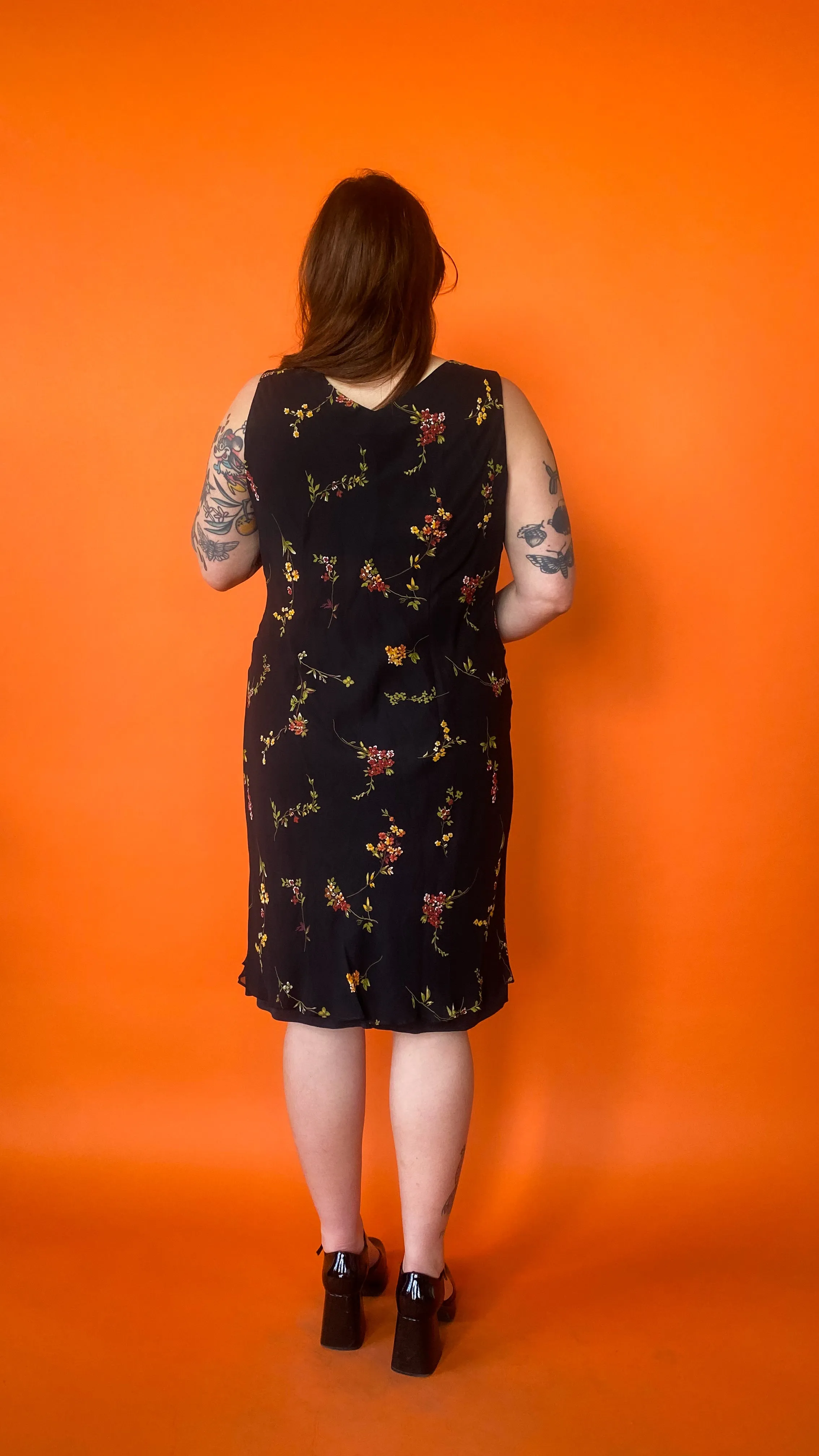 1990s Black Bias Cut Floral Dress, sz. L-1XL