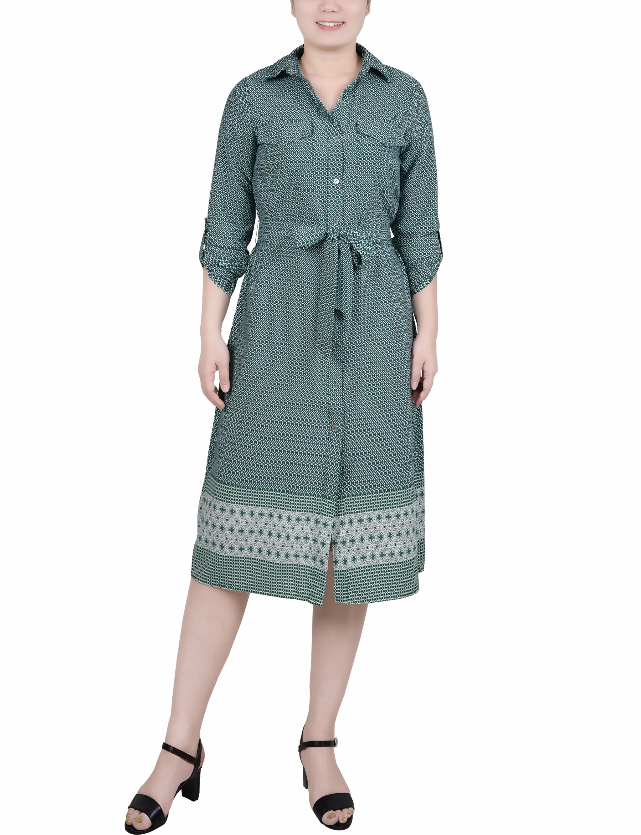 3/4 Roll Tab Sleeve Belted Shirtdress