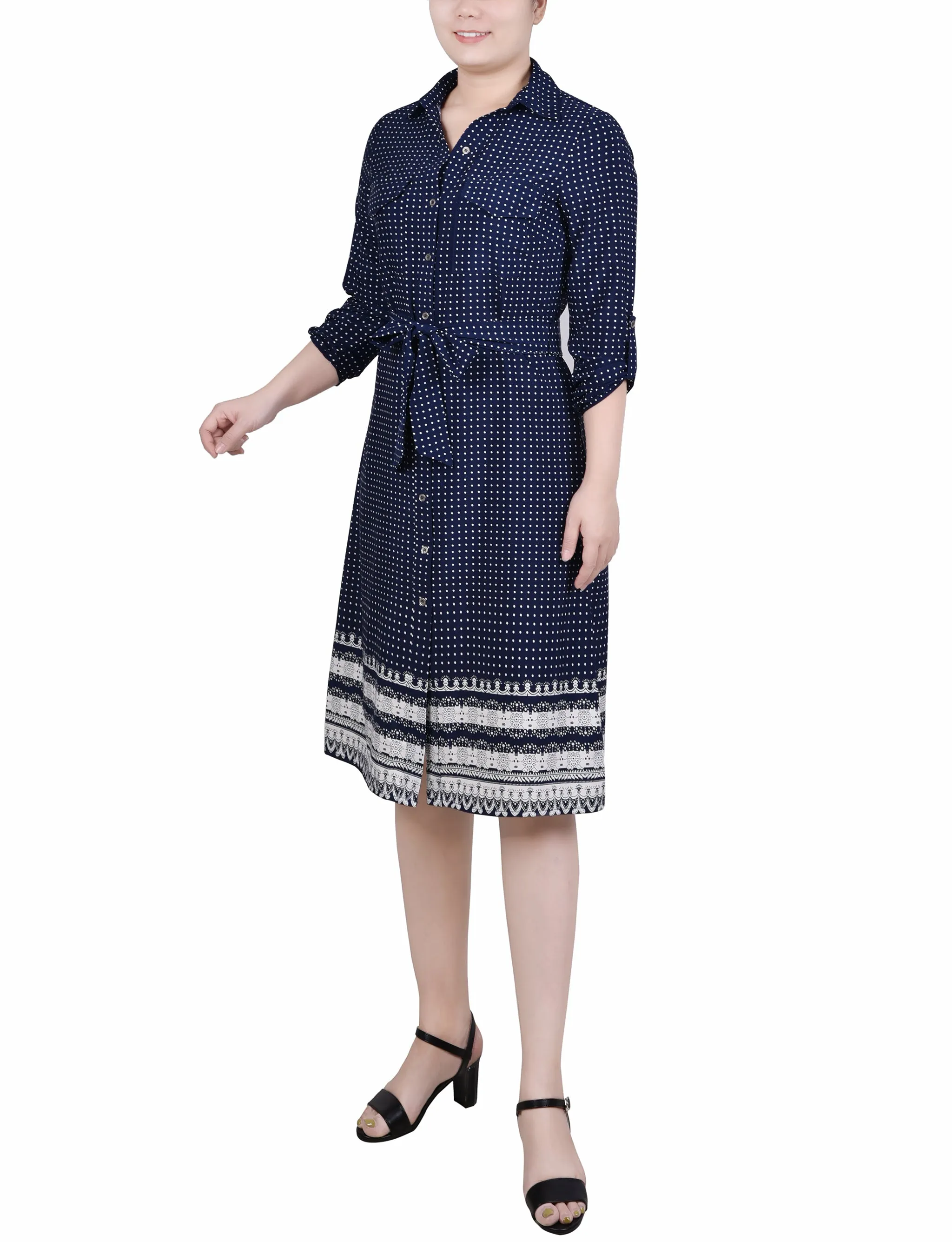 3/4 Roll Tab Sleeve Belted Shirtdress