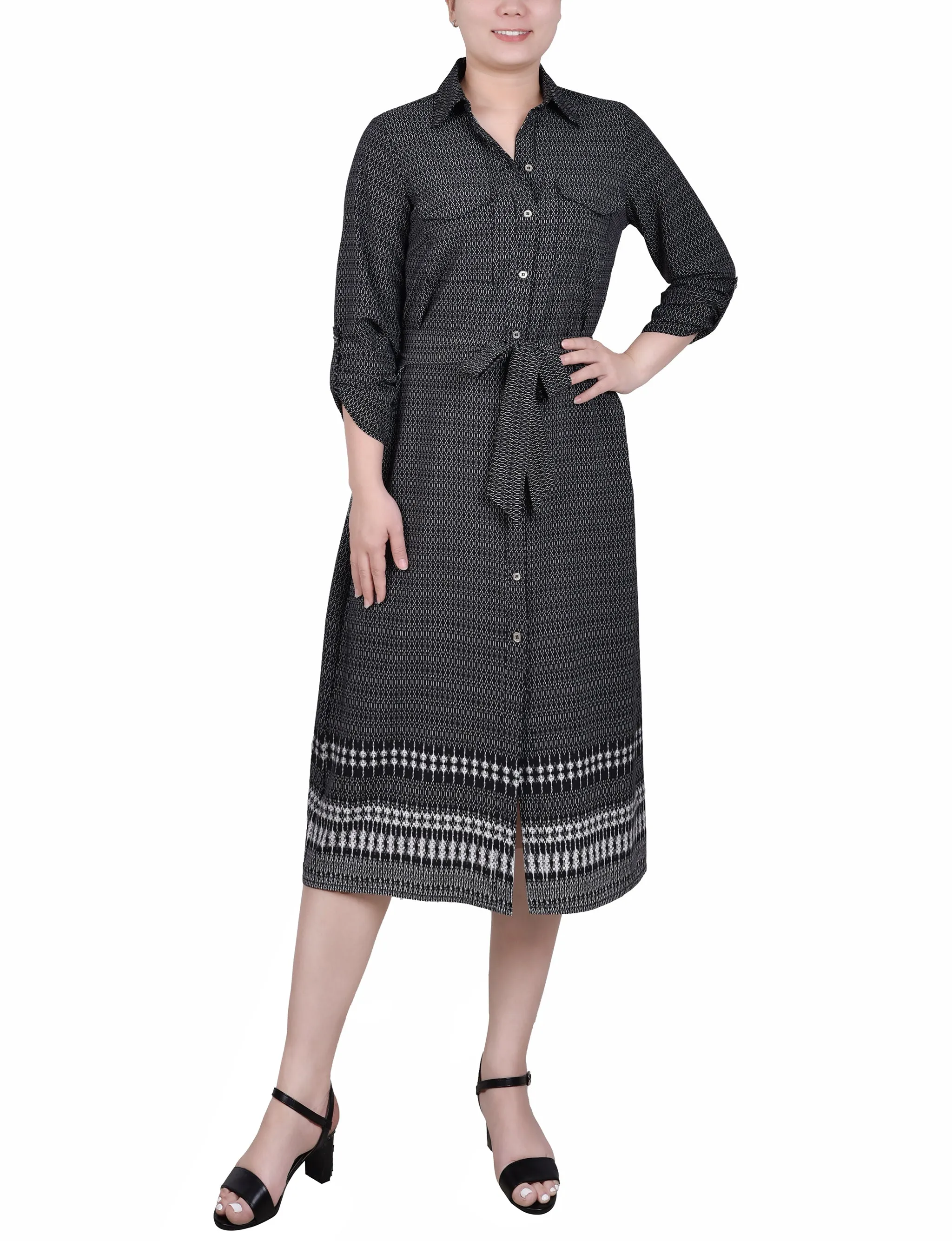 3/4 Roll Tab Sleeve Belted Shirtdress