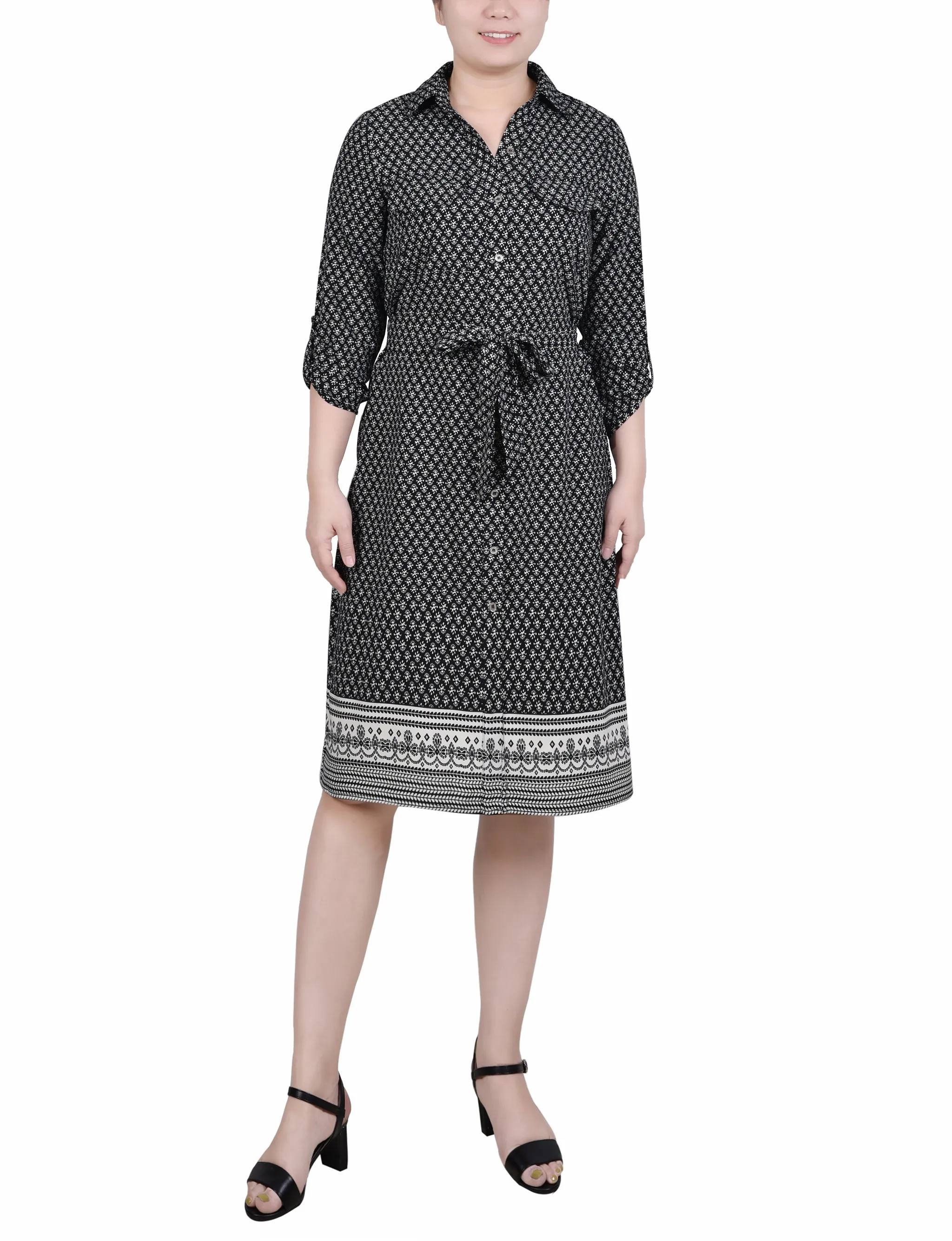 3/4 Roll Tab Sleeve Belted Shirtdress