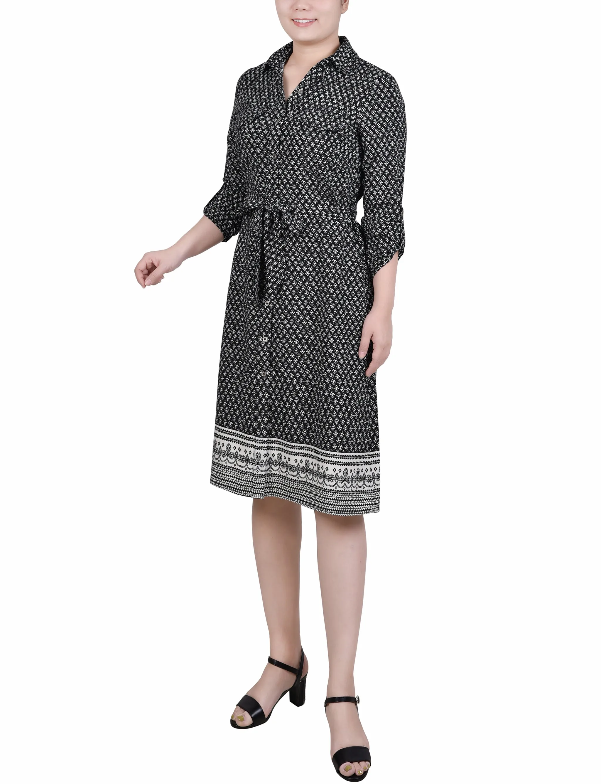 3/4 Roll Tab Sleeve Belted Shirtdress