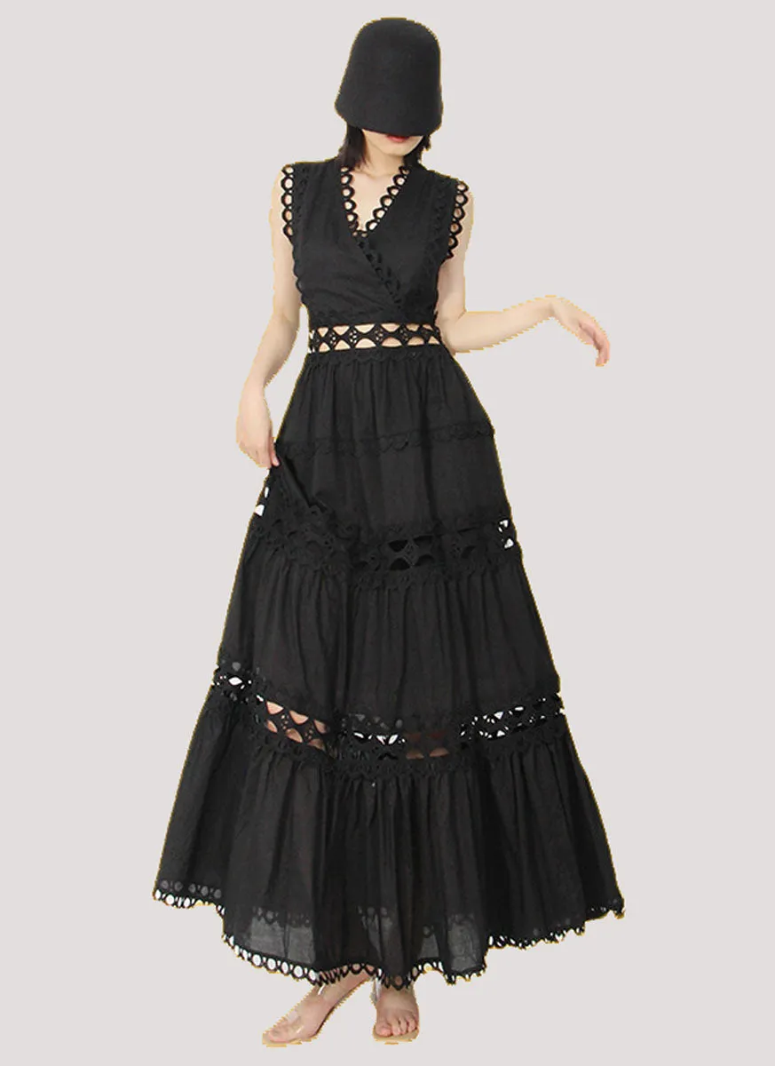 8220014 Eyelet Embroidery Sleeveless Maxi Dress *Black