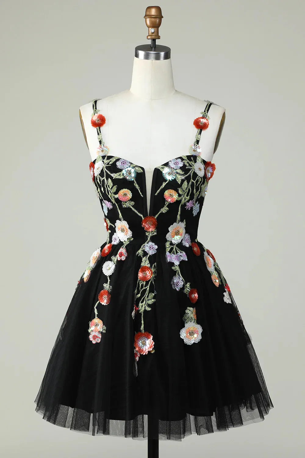 A Line Homecoming Dress Spaghetti Straps Black Sequin Flowers Mini Dress