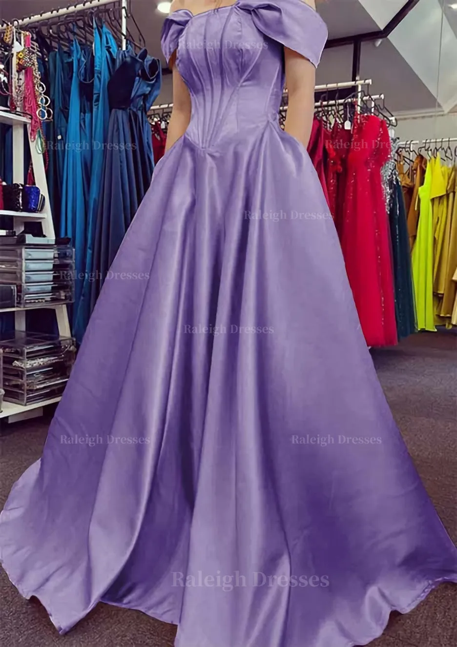 A-line Off-the-Shoulder Strapless Long/Floor-Length Satin Prom Dress With Pleated Pockets