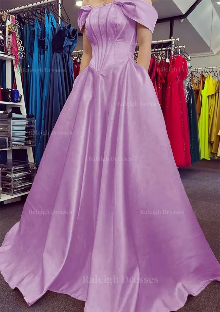 A-line Off-the-Shoulder Strapless Long/Floor-Length Satin Prom Dress With Pleated Pockets