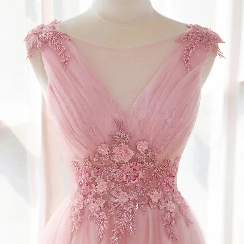 A-Line Princess Pink Tulle V-neckline with Lace Long Party Dress Prom Dress