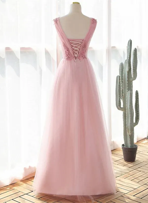 A-Line Princess Pink Tulle V-neckline with Lace Long Party Dress Prom Dress