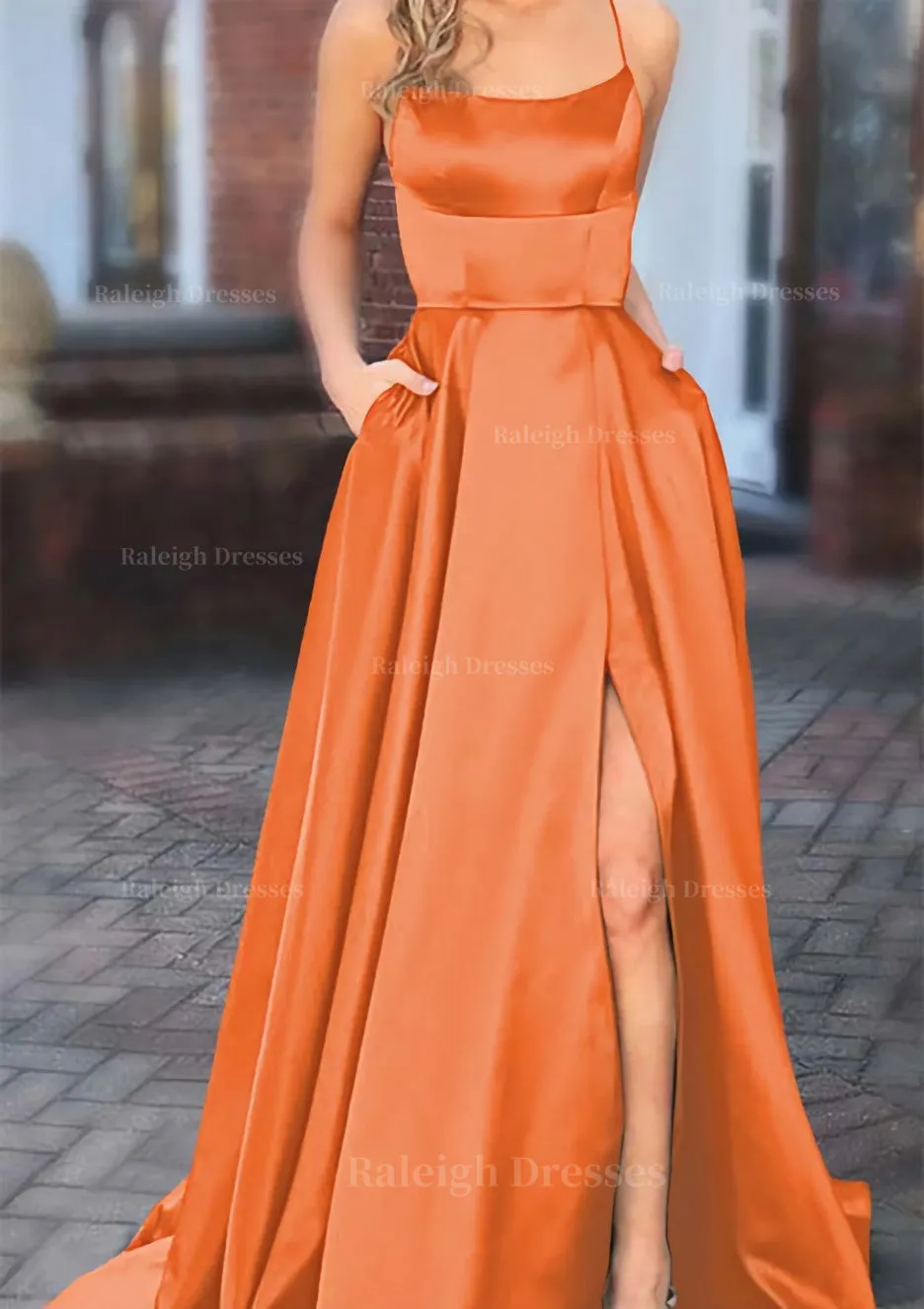 A-line Square Neckline Spaghetti Straps Sweep Train Charmeuse Prom Dress With Pockets Split